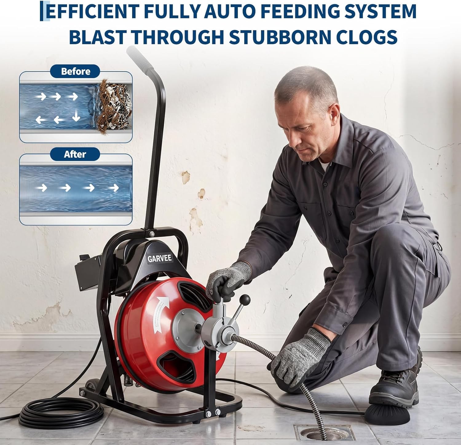 Electric Drain Cleaner Machine 75ft x 1/2″ Auto Feed 4 Cutter Sewer Snake Auger