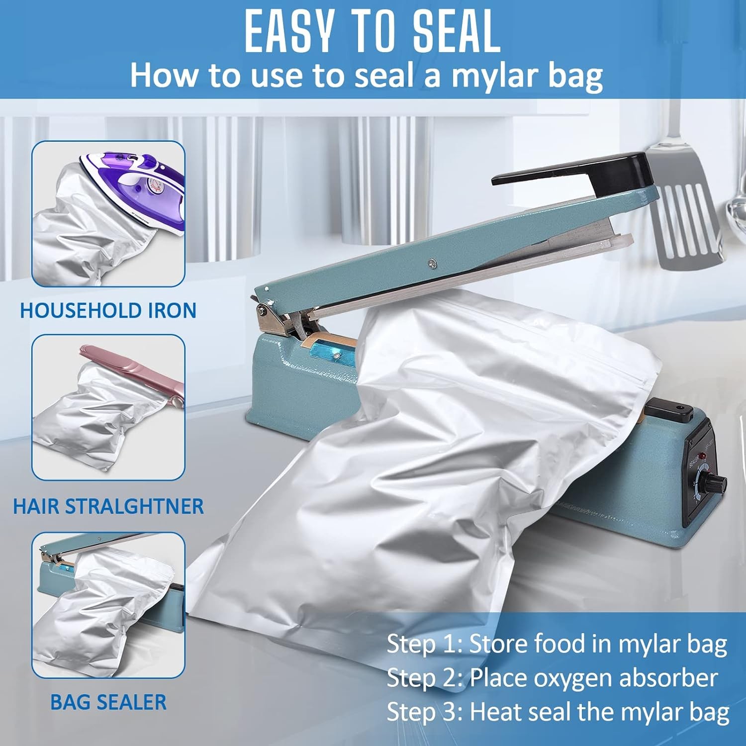 50/100 Mylar Stand-Up Food Storage Bags Resealable 9mil w/300cc Oxygen Absorbers