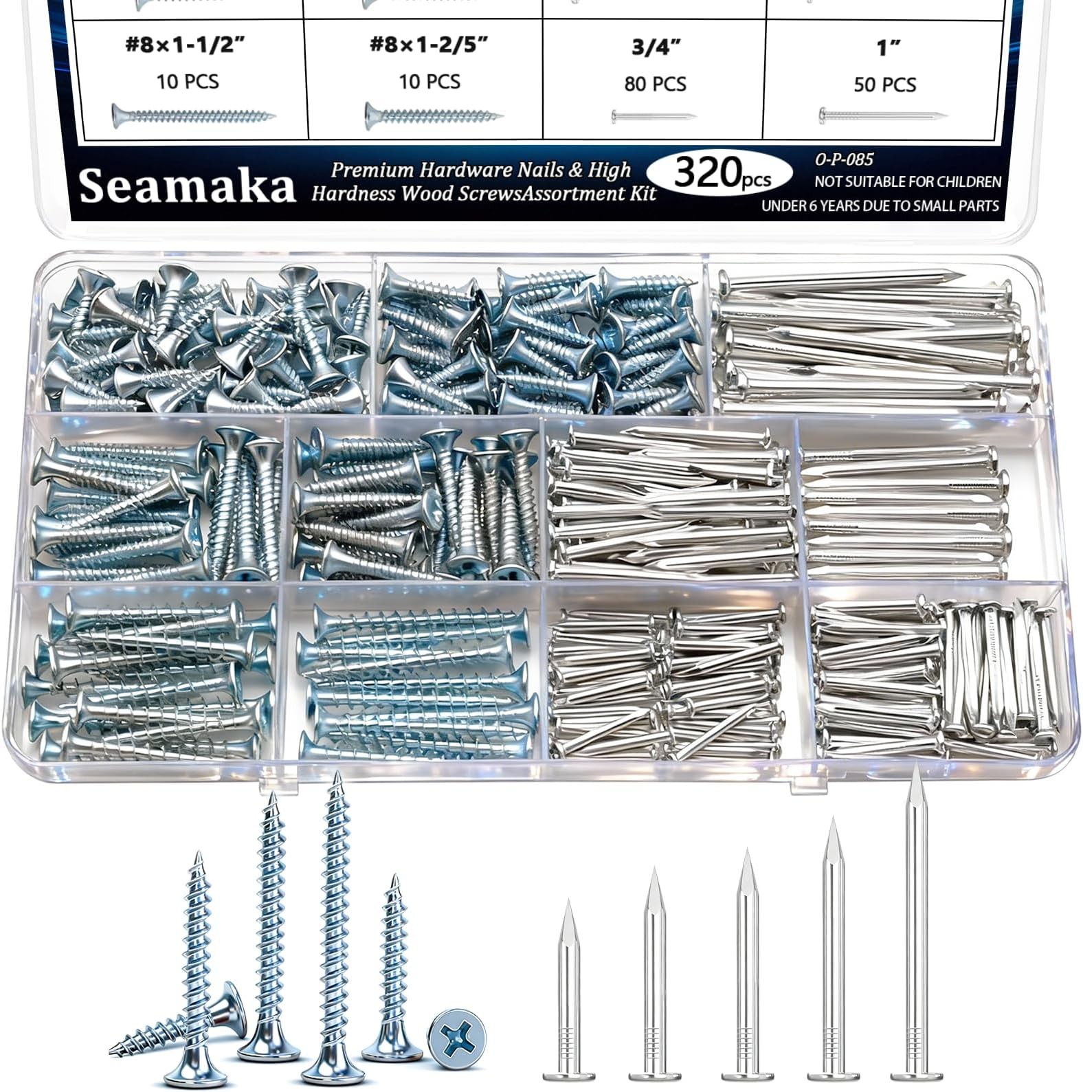 320Pcs Premium Hardware Nails & High Hardness Wood Screws Assortment Kit，1/2″…