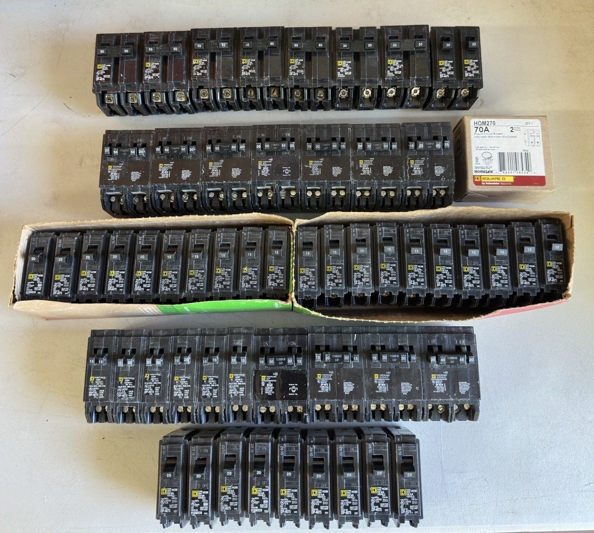 Square D Homeline Breakers Lot Single Poles/ Double Poles – Tandems/Quads