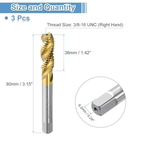 uxcell 3pc Spiral Flute Thread Taps 3/8-16 UNC Titanium Coated HSS