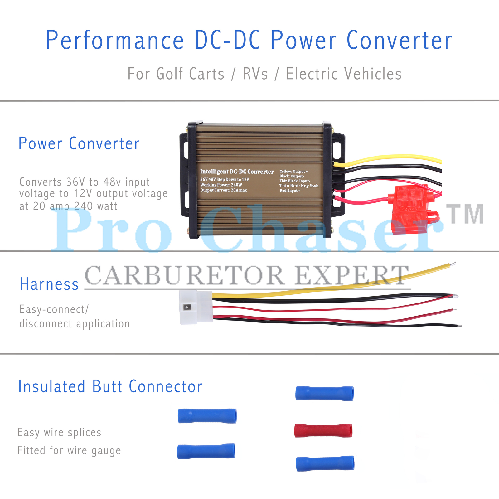 Pro Chaser DC-DC 36V 48V Voltage Converter Regulator Reducer to 12V 240W 20A