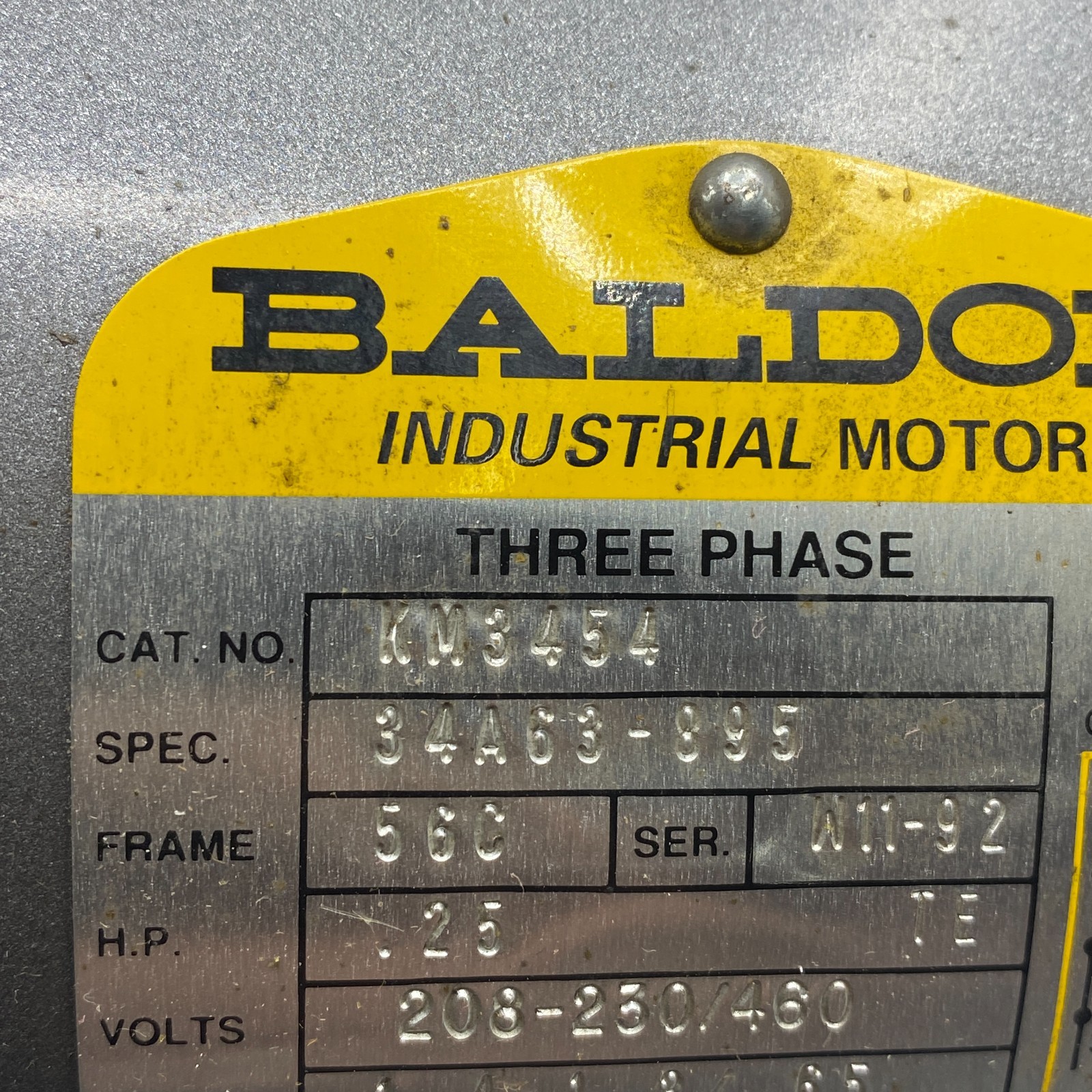 BALDOR KM3454 INDUSTRIAL MOTOR THREE PHASE 1725RPM 60HZ 208-230/460 VOLTS
