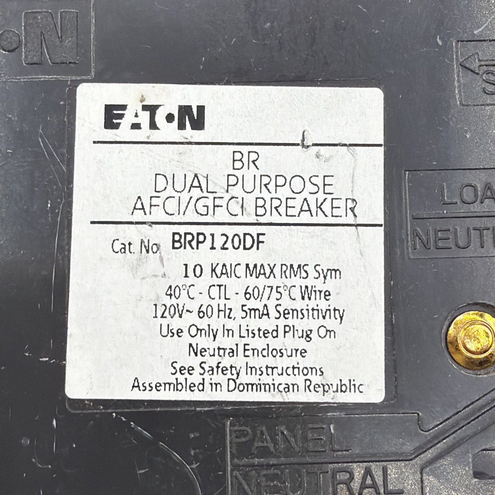 EATON BRP120DF 20A DUAL FUNCTION COMBO ARC FAULT/GROUND FAULT Broken Tabs