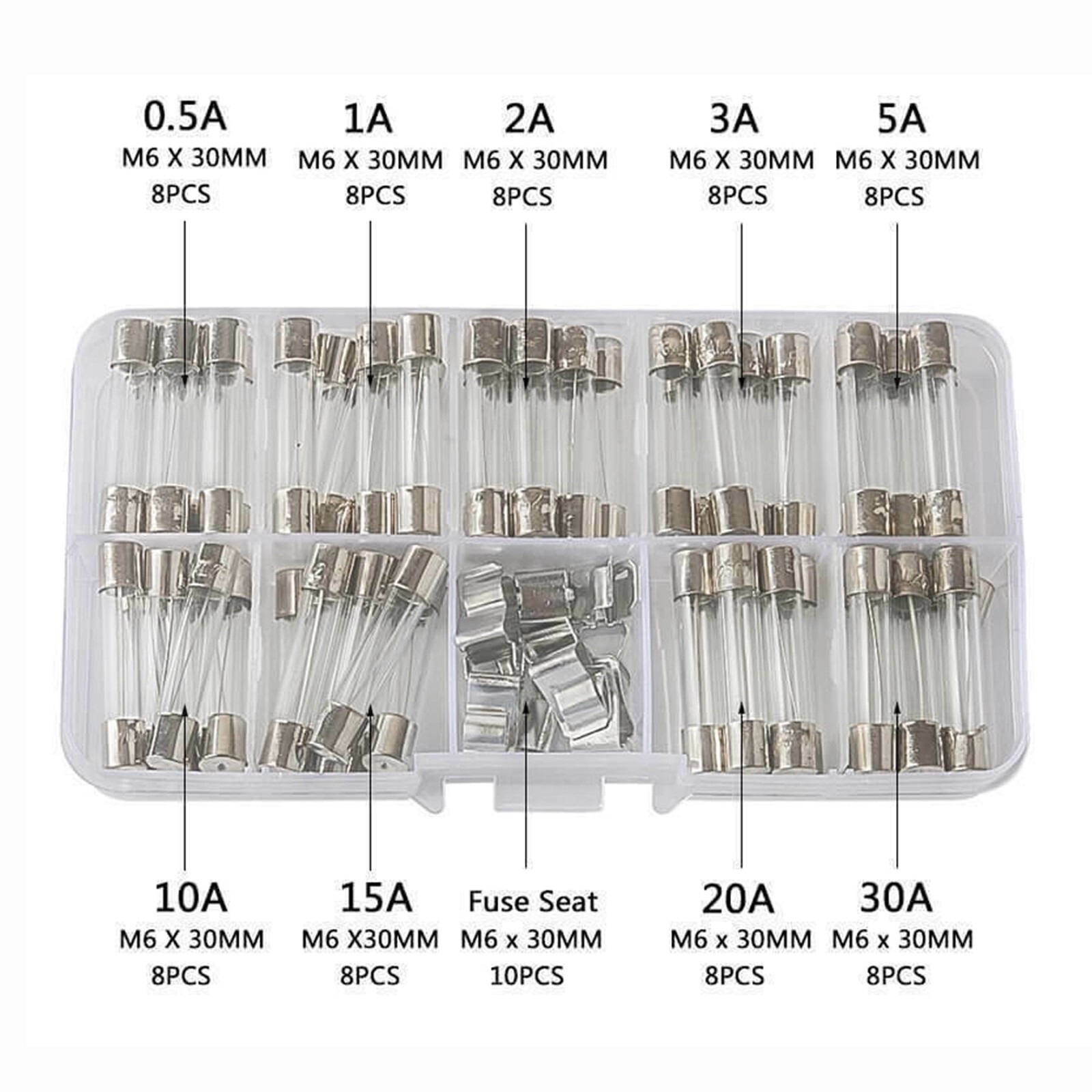 6x30mm 72 Car Boat Quick Blow Glass Tube Fuse Assorted Kit Fast-blow Glass Fuses