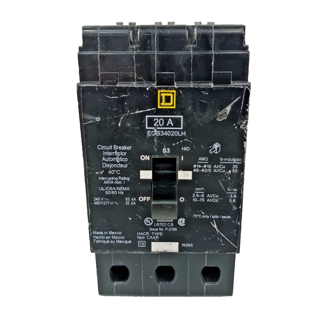 Square D 20 Amp Bolt-On Circuit Breaker 3 Pole 480Y/277 VAC EGB34020LH
