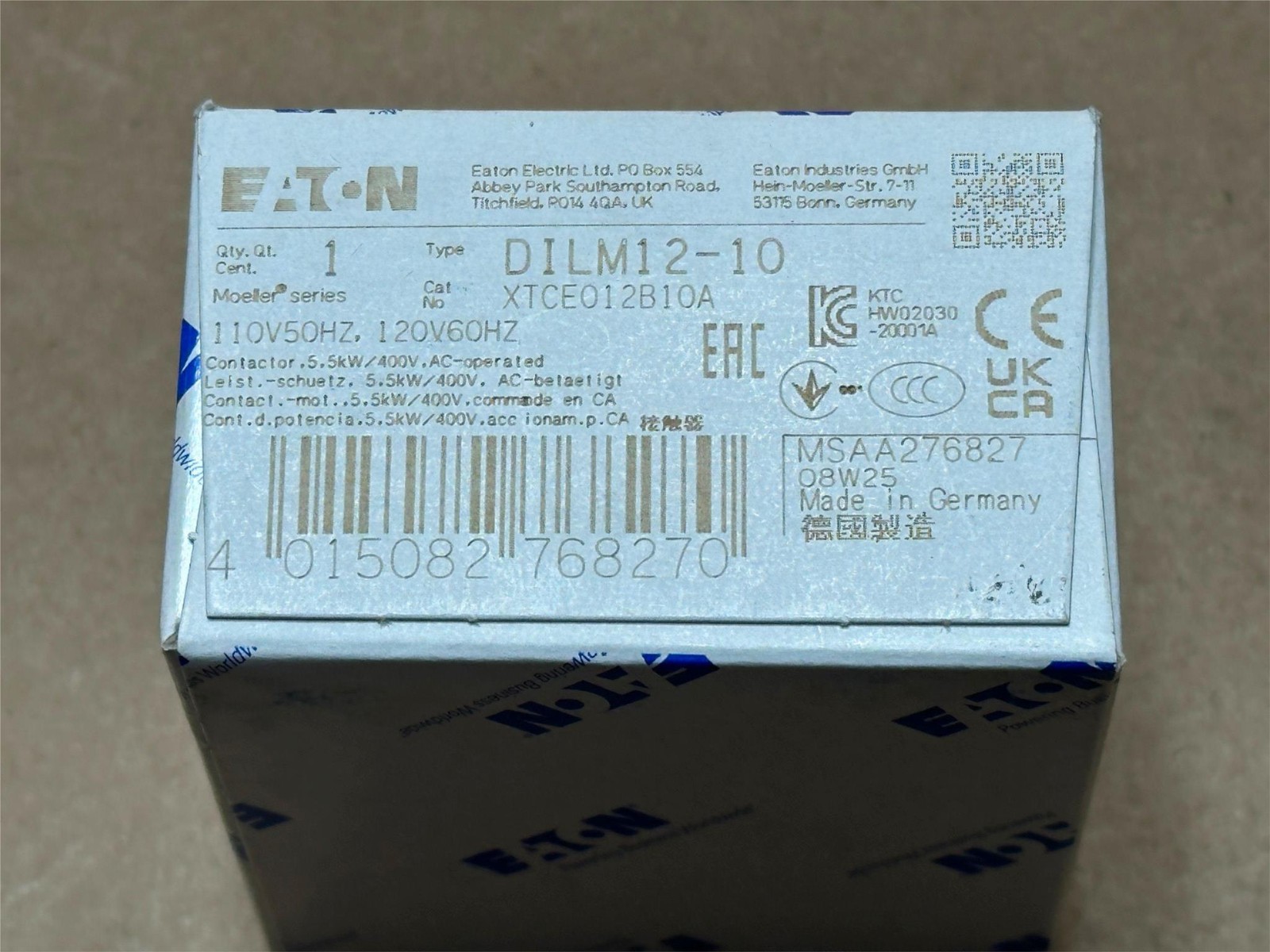 Genuine Eaton XTCE012B10A 12A 3-Pole IEC Contactor 110/120V Coil