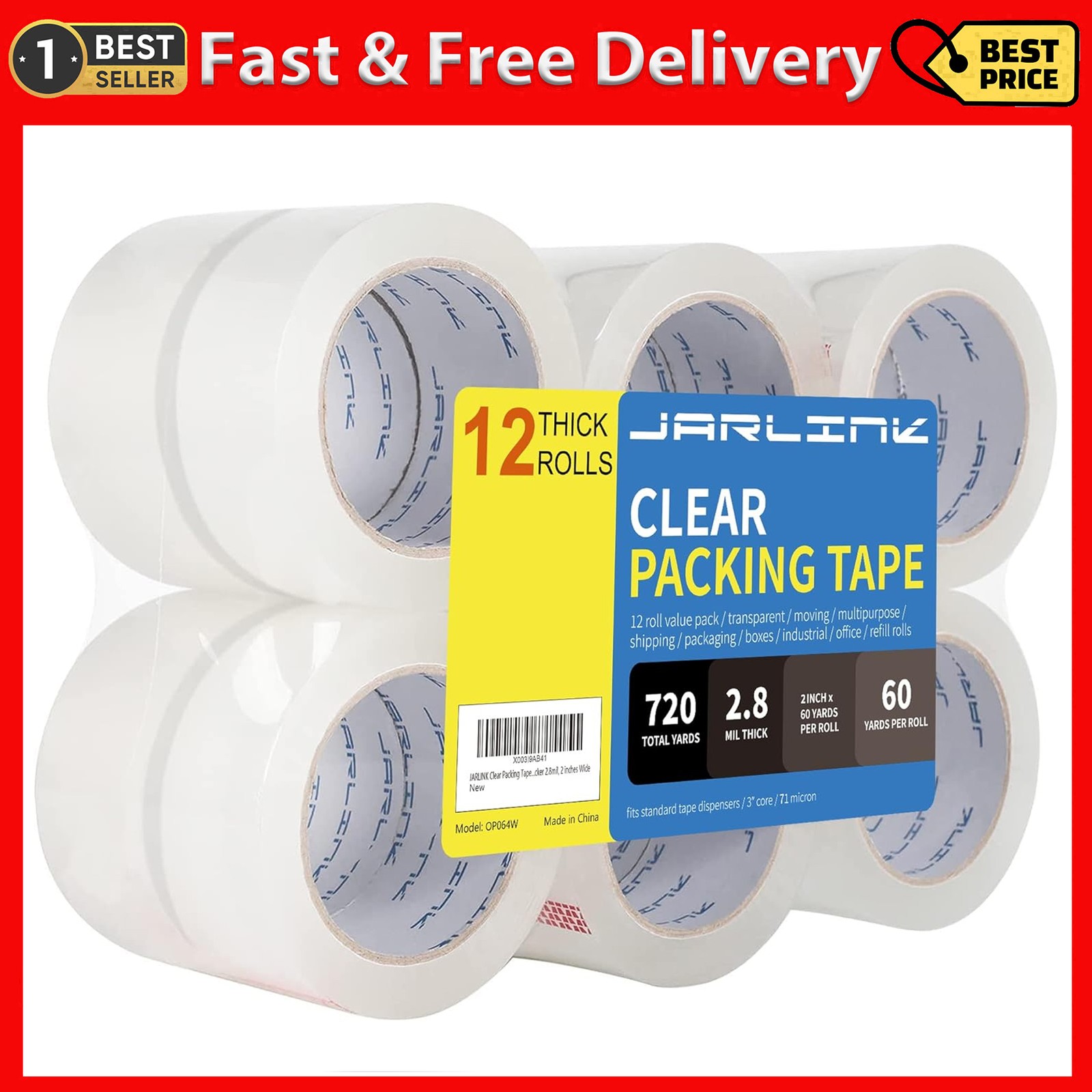 JARLINK Clear Packing Tape (12 Rolls), Heavy Duty Packaging Tape for Shipping Pa