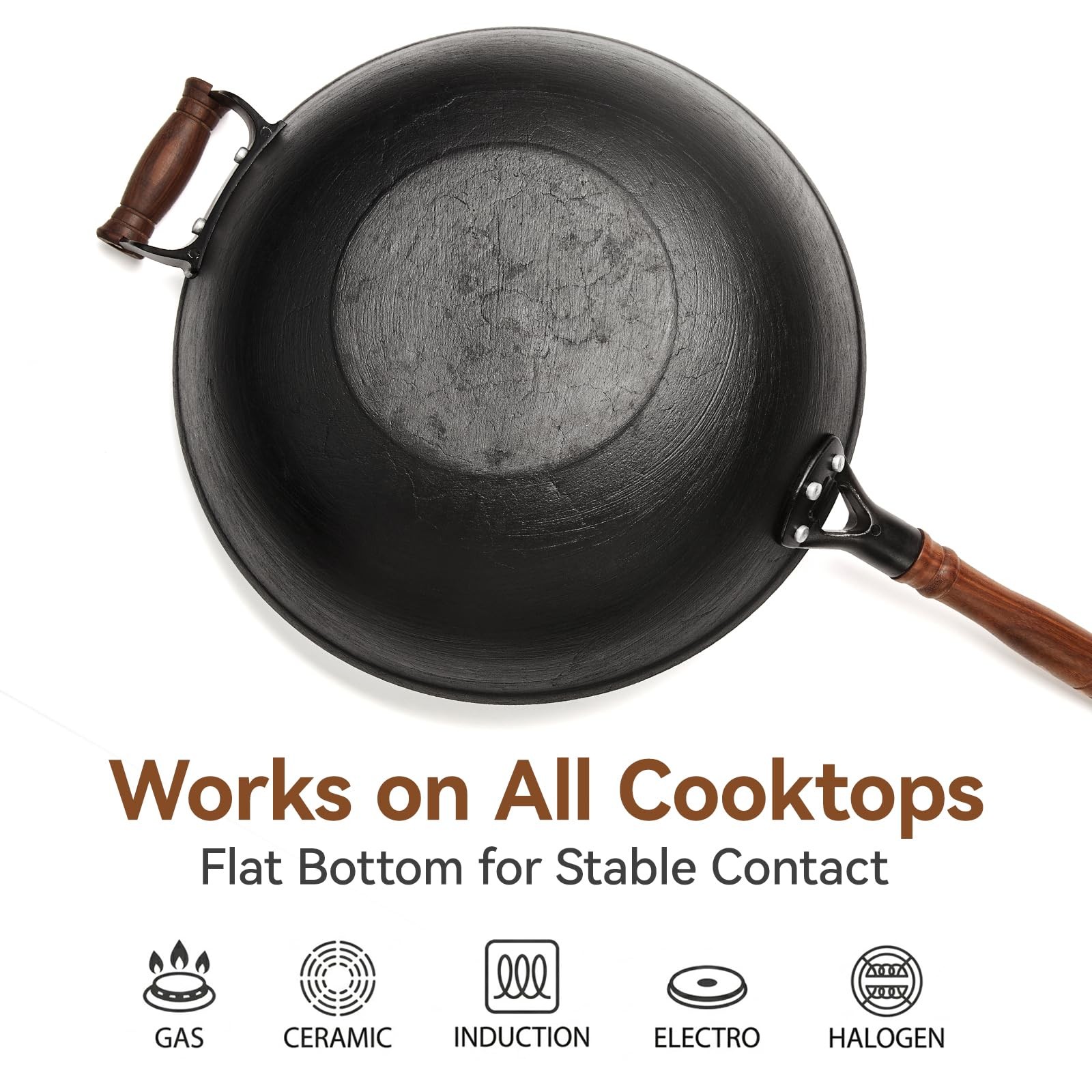 Wangyuanji Cast Iron Wok Pan Lid 14.2 Inch Flat Bottom Uncoated Stir Fry