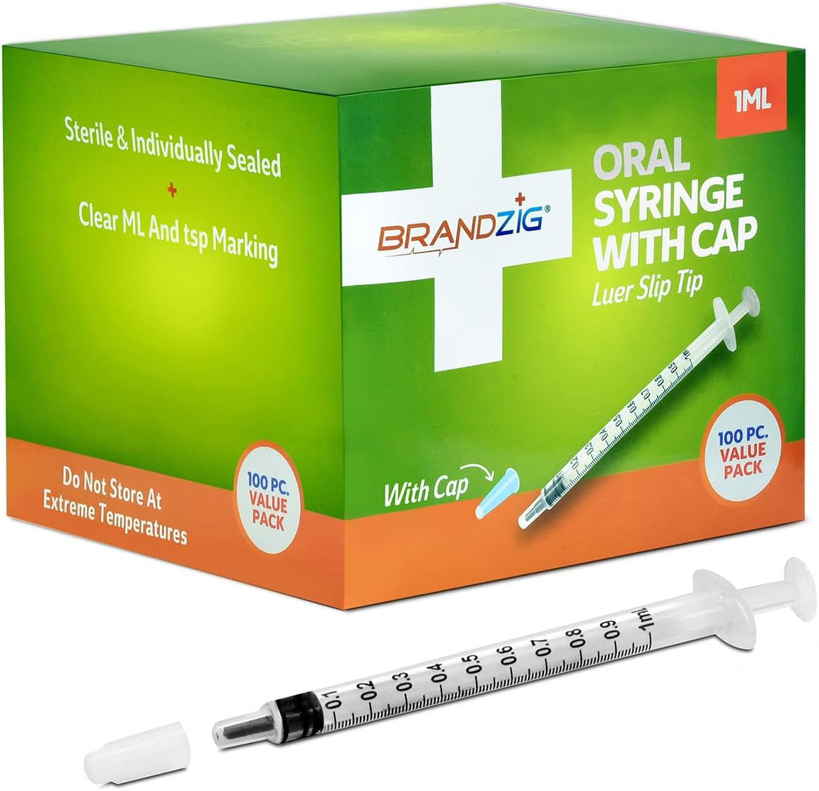 1Ml Syringe with Cap (100 Pack) | Oral Dispenser without Needle, Luer Slip Tip,