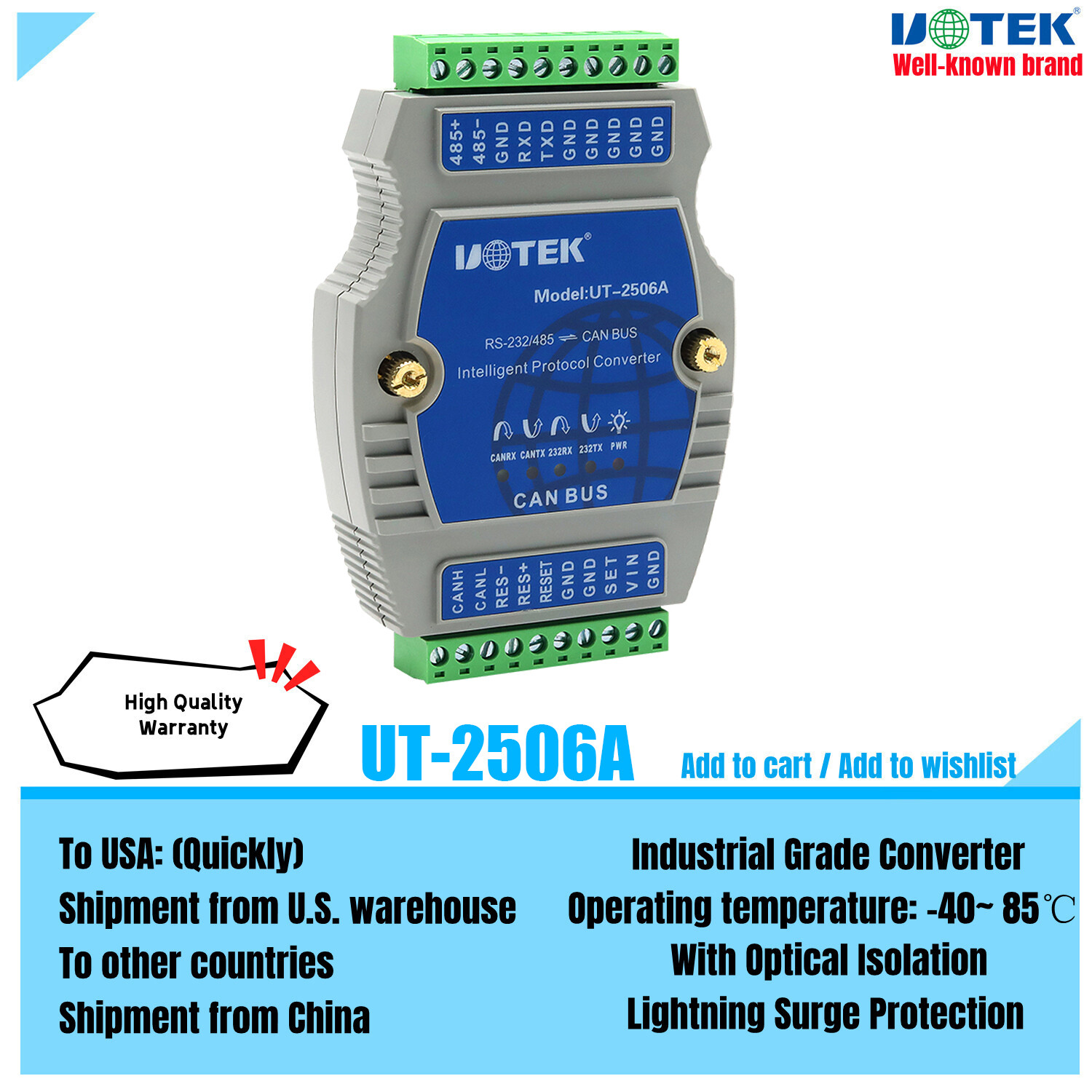 RS232 RS485 to CAN BUS Converter Isolation Adapter with Can 2.0 Modbus Protocol