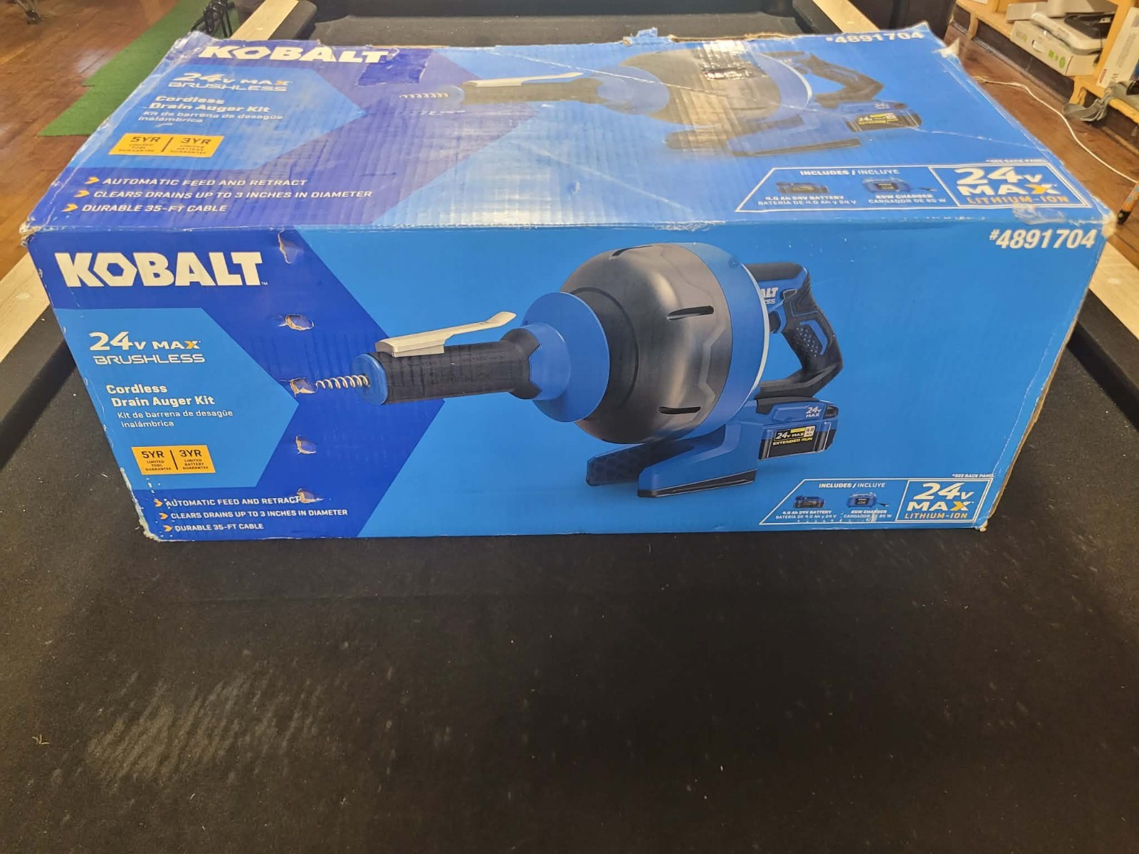 New Kobalt 24v Cordless Drain Auger Kit with 85 Watt Battery & Charger 4891704