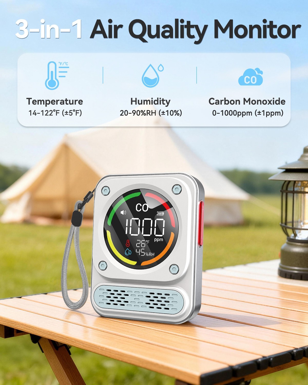 3-In-1 Portable Carbon Monoxide Detector,0-1000ppm CO Meter with Temperature