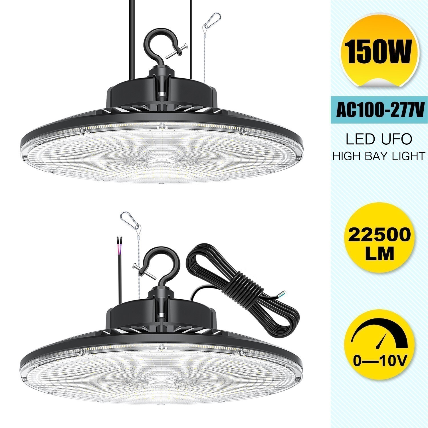 2 Pack 22500lm (Eqv.650W MH/HPS) LED High Bay Light Fixture 150W Commercial Lamp