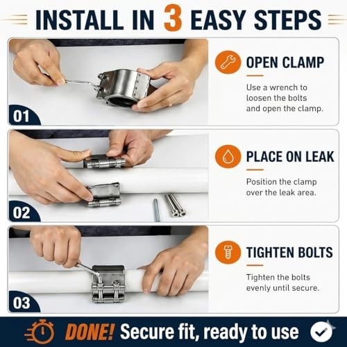 Heavy Duty 3″ Pipe Repair Clamp, Stainless Steel Leak Sealer Kit for Metal & PVC