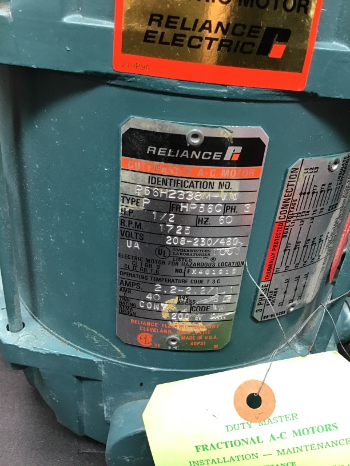 Reliance P56H2338M-VN A-C Motor 1/2 HP 3 PH 208-230/460V 1725 RPM Frame HP56C