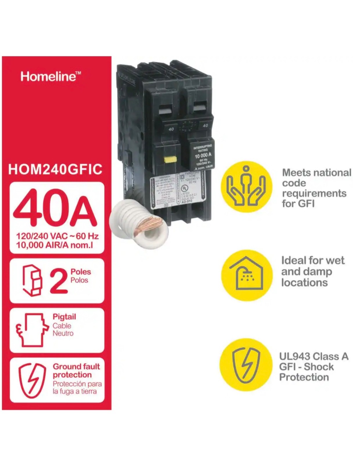 Square D Homeline HOM240GFIC 40 Amp 2-Pole GFCI Circuit Breaker
