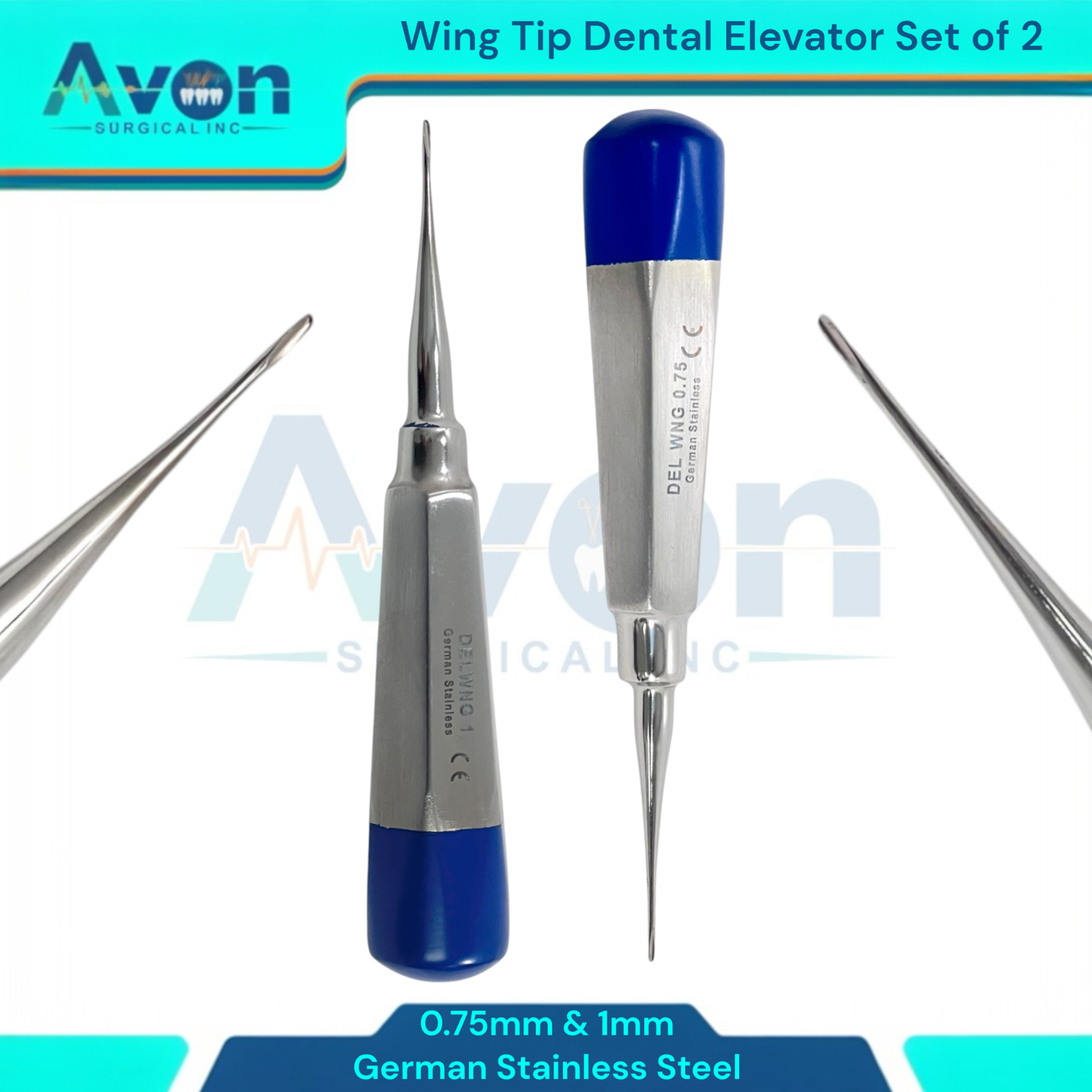 2Pk Dental Veterinary Elevator 0.75mm & 1mm Wing Tip, Straight, Color-Coded