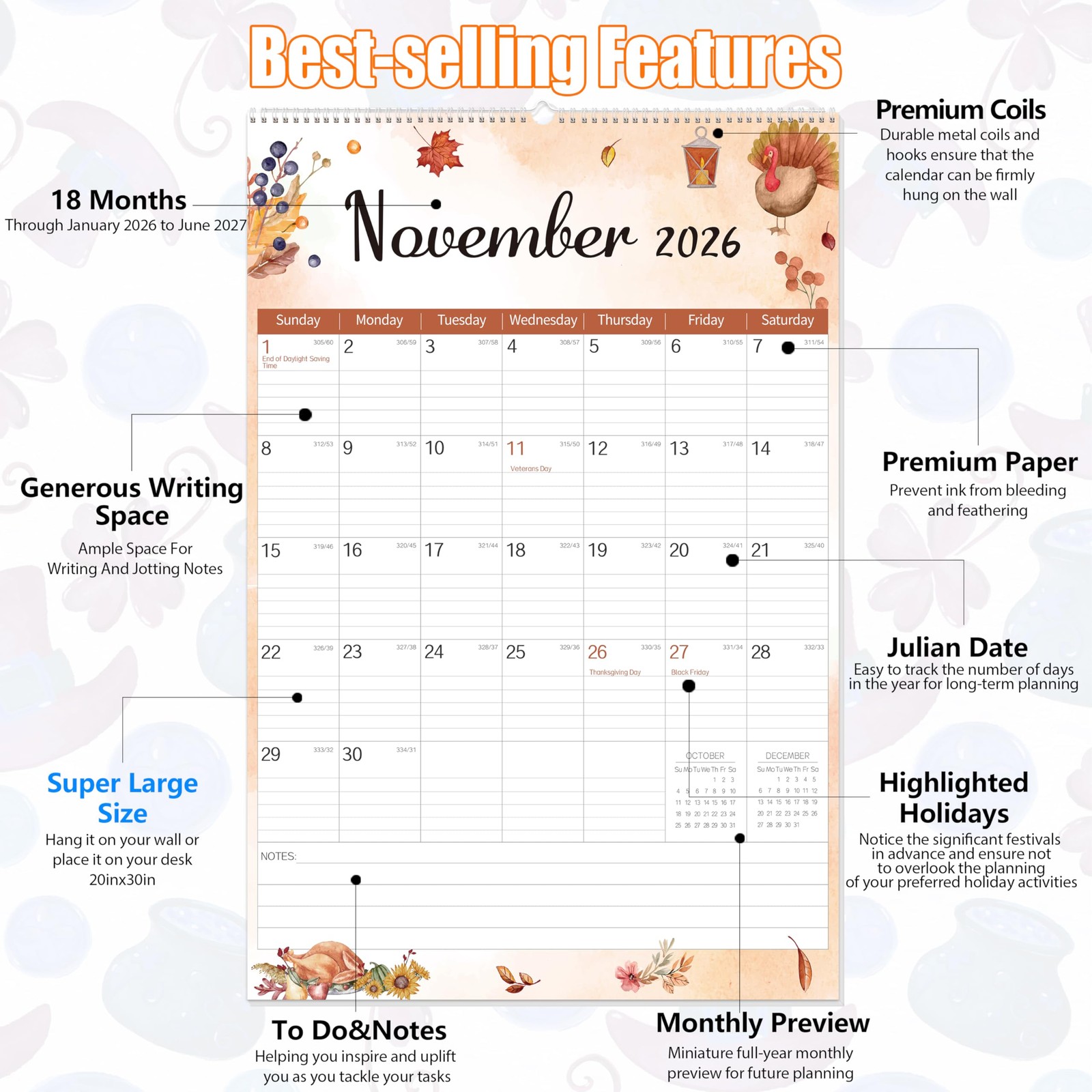 GuassLee Extra Large Wall Calendar 2026-2027, 20″x 30″ 30″x20″, Multicolor