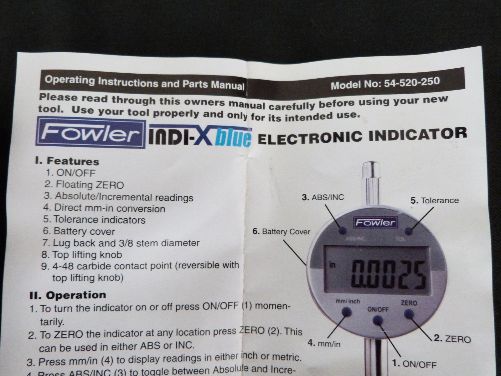 Fowler 54-520-250 Indi-X Blue Electronic Indicator 0-1 inch 0.0005 case + paper