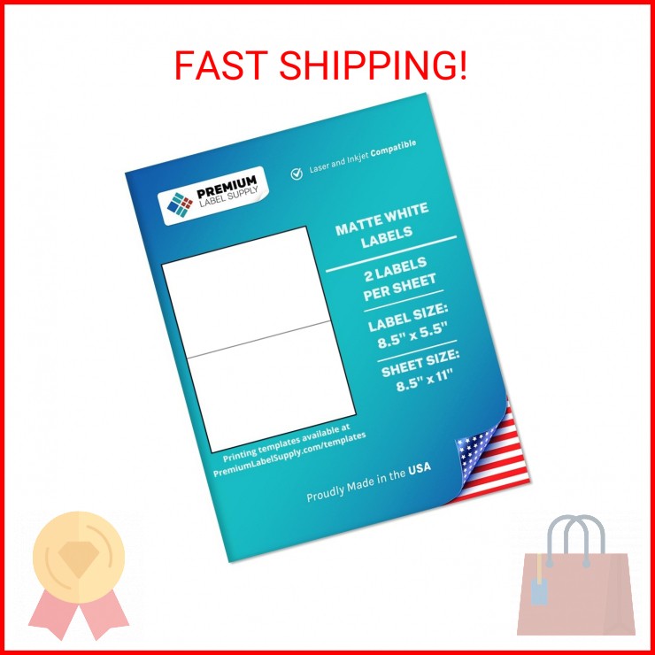 Premium Label Supply White Sticker Half Sheet Labels – 8.5″ x 5.5″ – Laser/Inkje