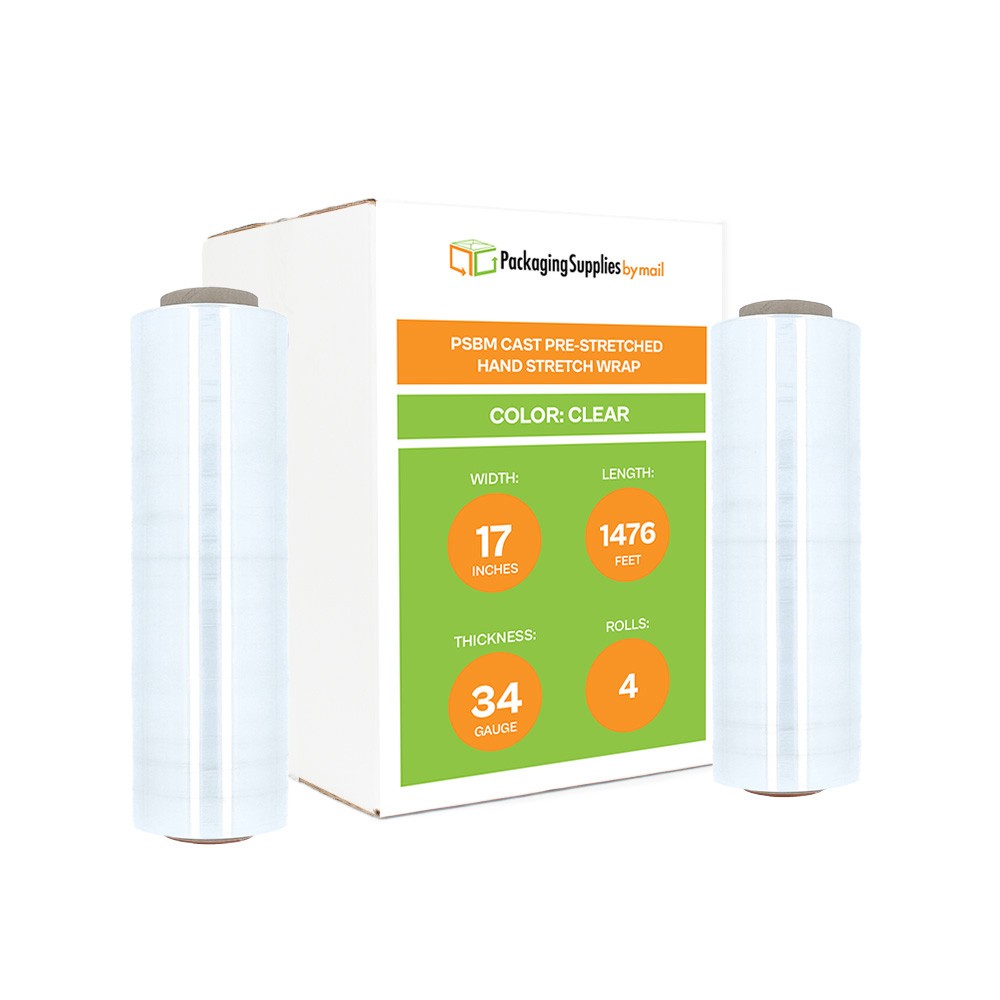 4 Rolls 17″ x 1476′ (34 Gauge) Plastic Film Pre-Stretch Hand Shrink Wrap Clear