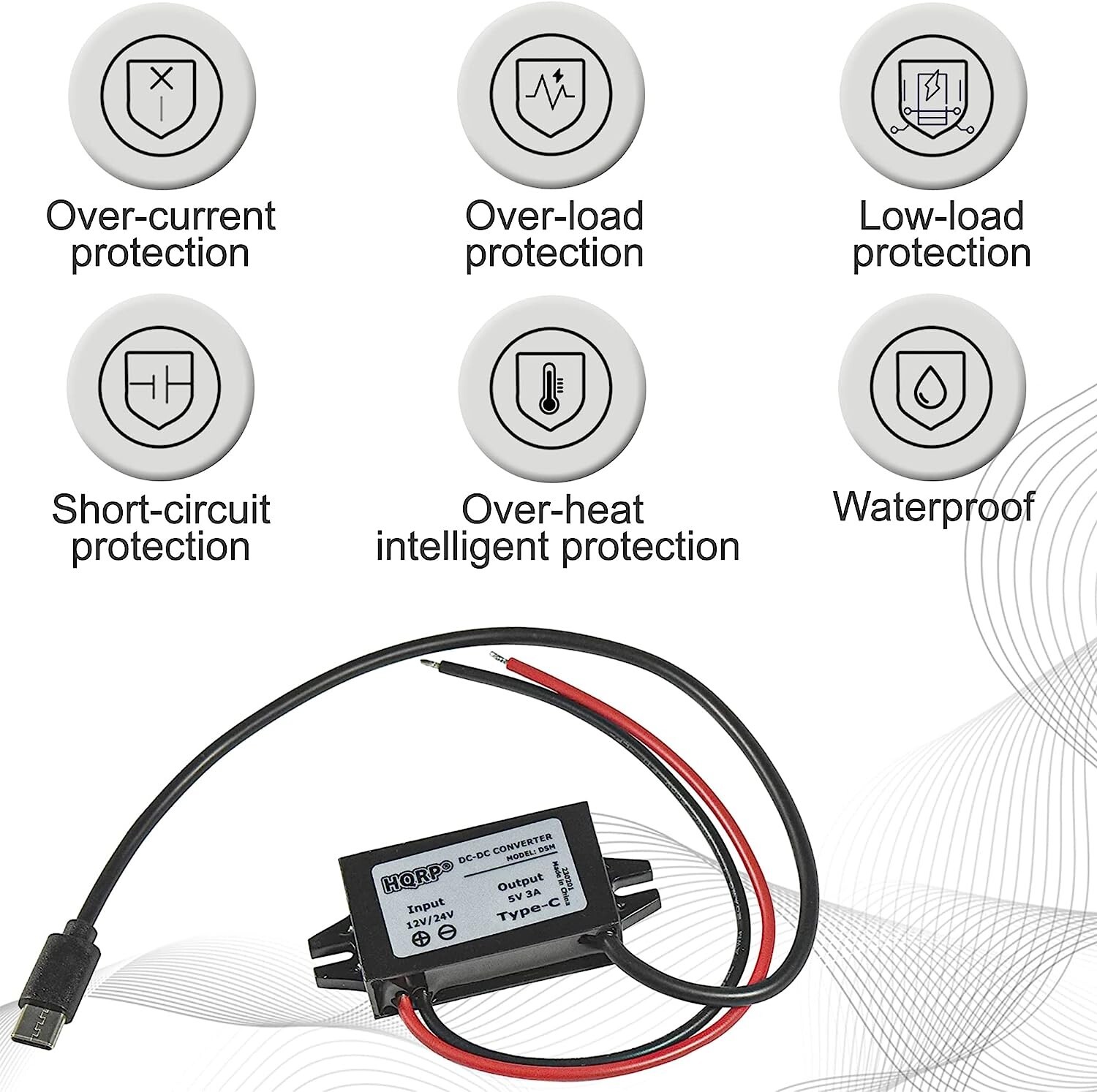 HQRP DC-DC Step Down Converter 12/24V to 5V 3A 15W with Type-C Male Connector