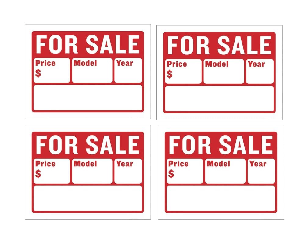 Car For Sale Sign for Car and Vehicles Auto Sales Size 9″ X 12″ (2-Line) – 4PC