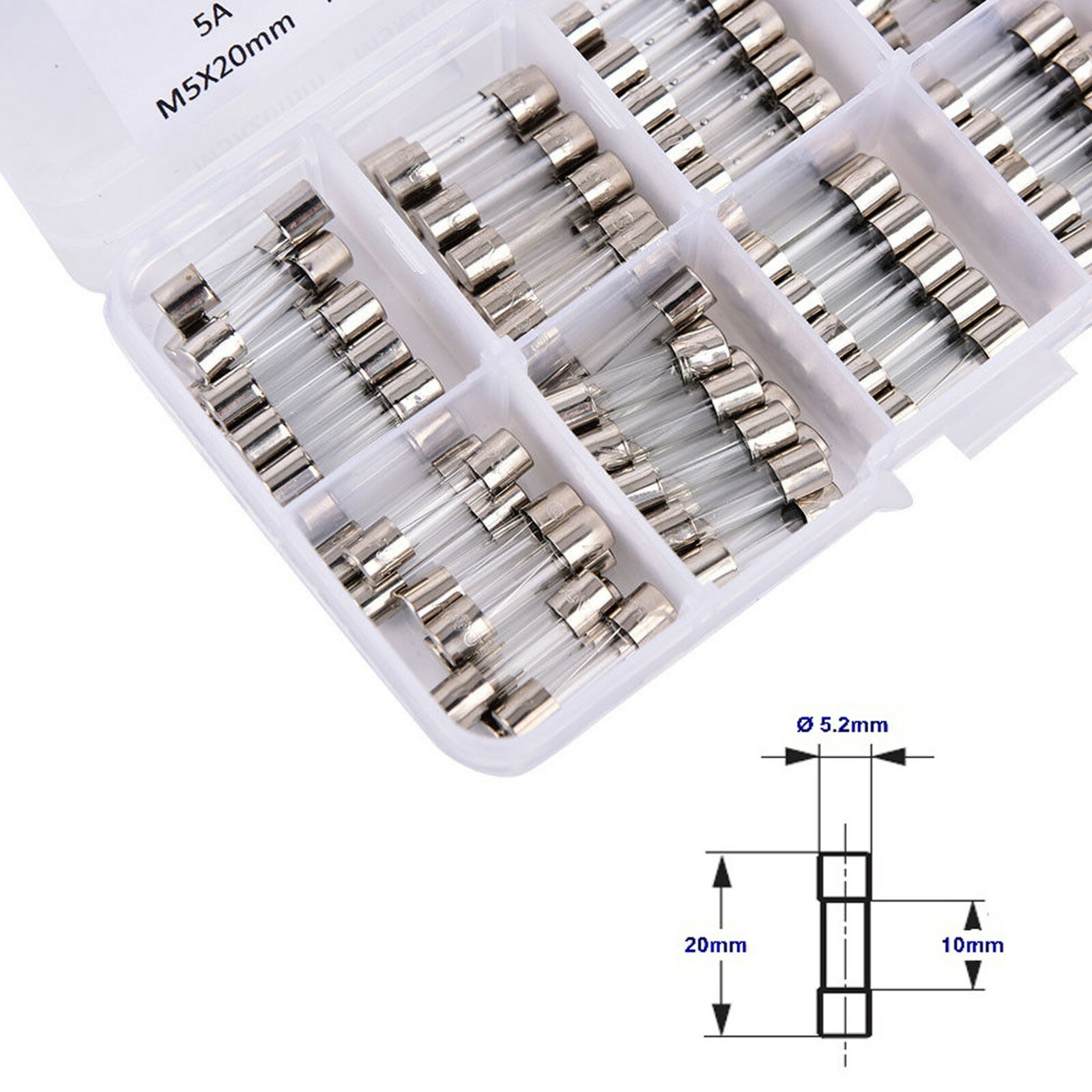 100Pcs 5x20mm Quick Blow Glass Tube Fuse Assorted Kits Fast Action Glass Fuses