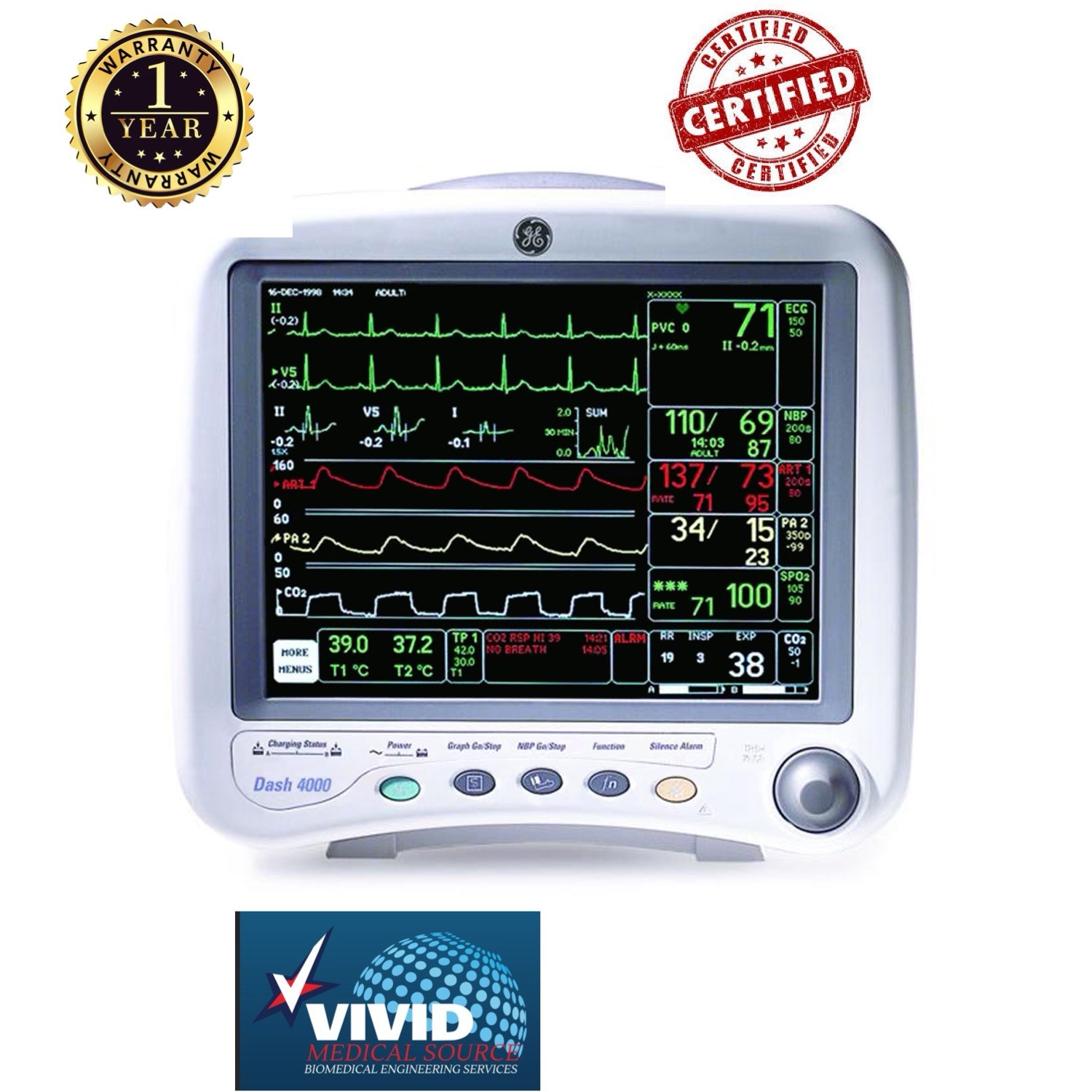 GE Dash 4000 Patient Monitor Refurbished ECG SPO2 NIBP Temp Recorder Accessories