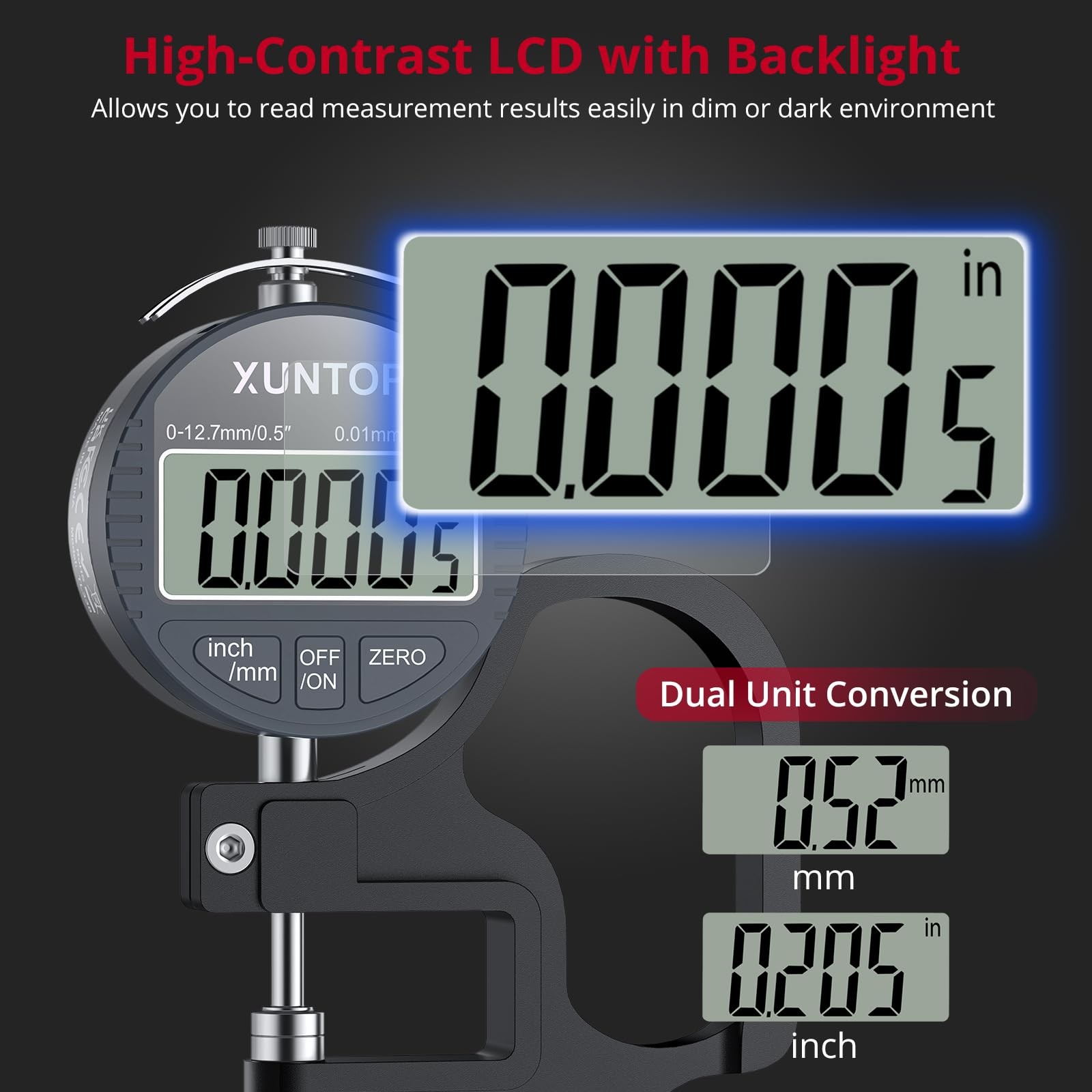 XUNTOP Digital Thickness Gauge 0.5inch/0.0005inch(12.7mm/0.01mm) Thickness Me…