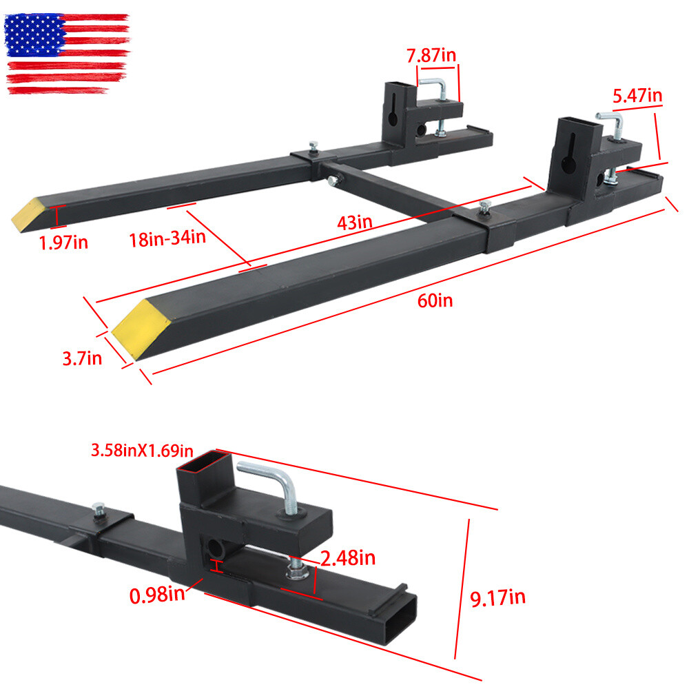 4000Lbs 60″ Tractor Clamp On Pallet Forks Bucket Quick Attach W/ Stabilizer Bar