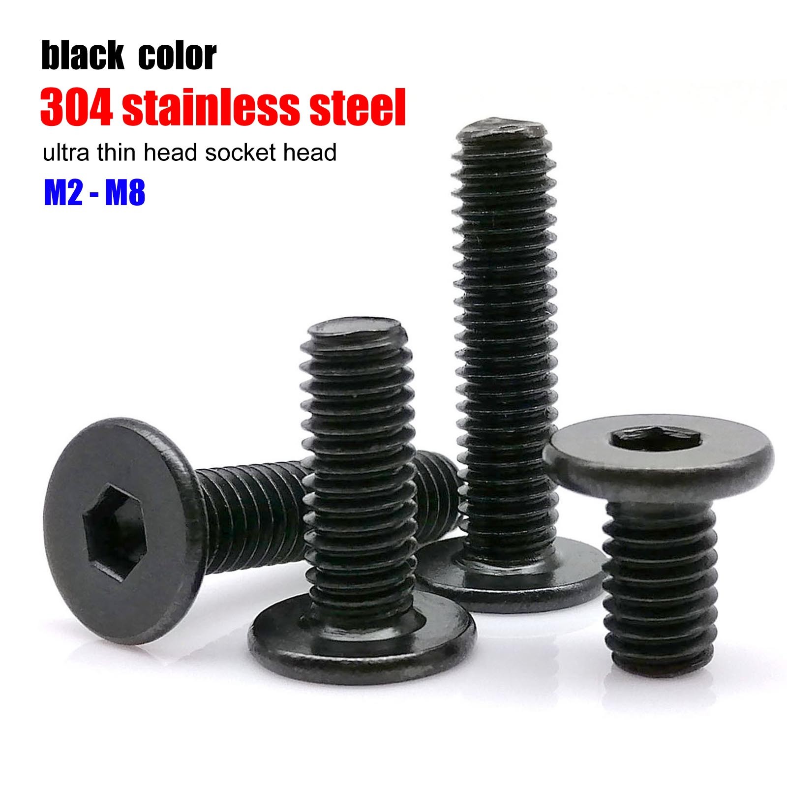 Black 304 Stainless Steel Allen Hex Socket Utrathin Flat Head Screws M2 M3 M4 M5