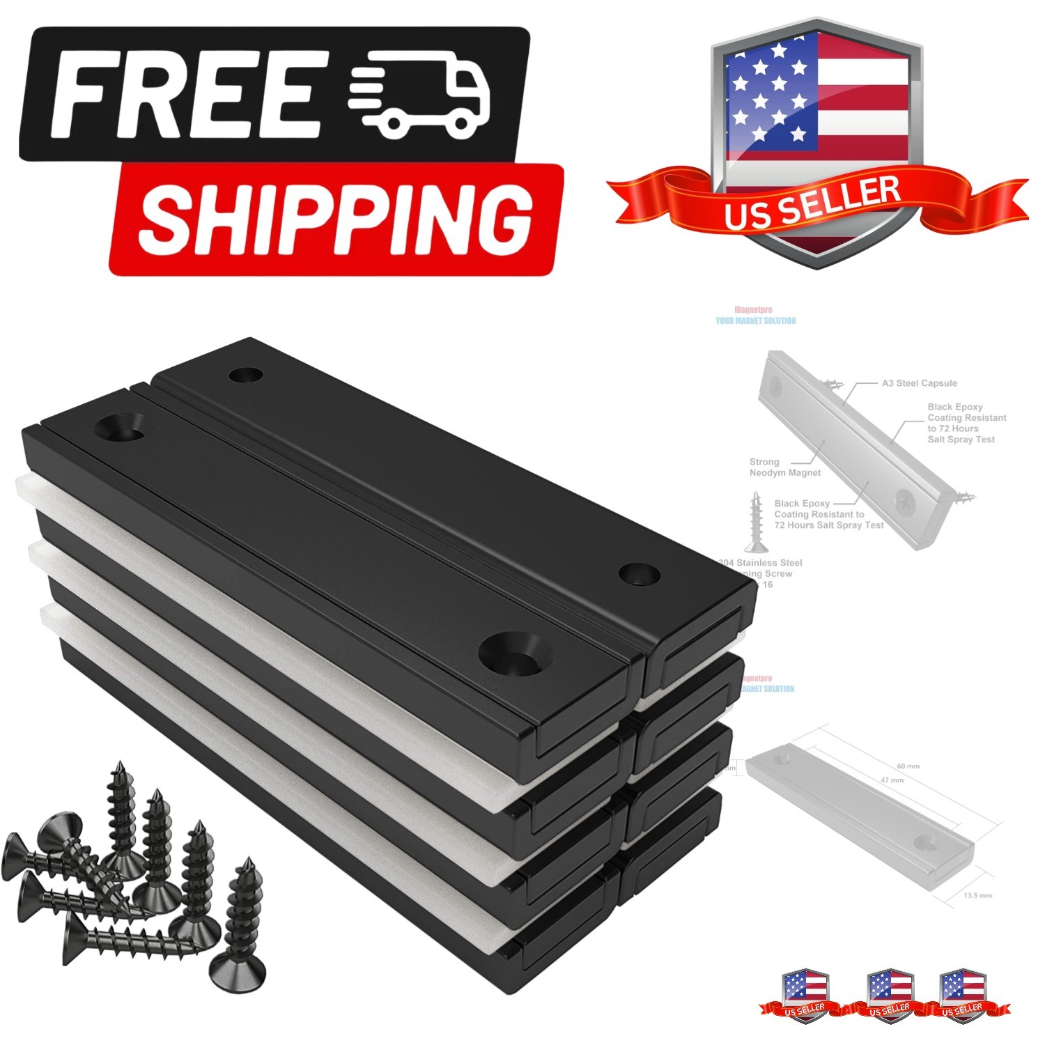 Rectangular Magnets 80 LBS Force Size 2.36″ x 0.53″ x 0.20″ Black Epoxy Coati…
