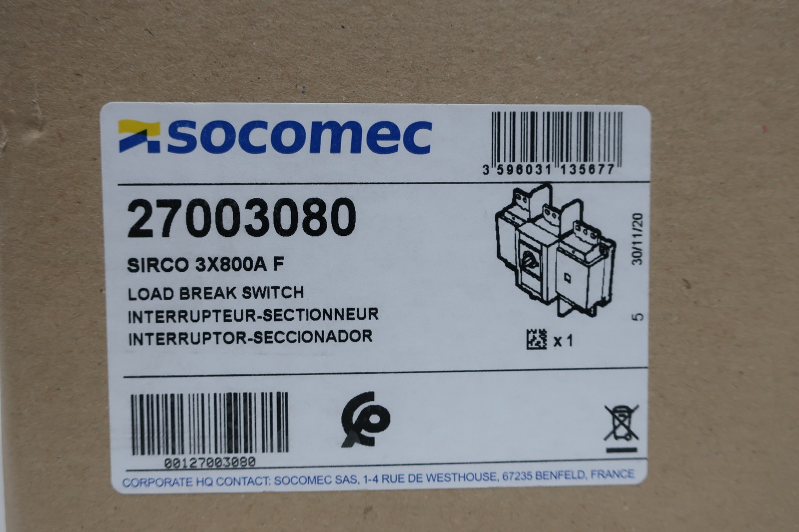 Socomec 27003080 Sirco 3x800a F Load Break Switch 800a Amp 600v-ac 3p