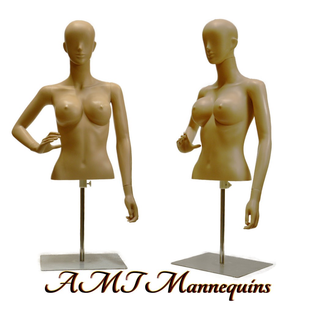 Skin Tone Female Half Body Mannequin Dress Body Form+Metal Base, with 1 arm bent