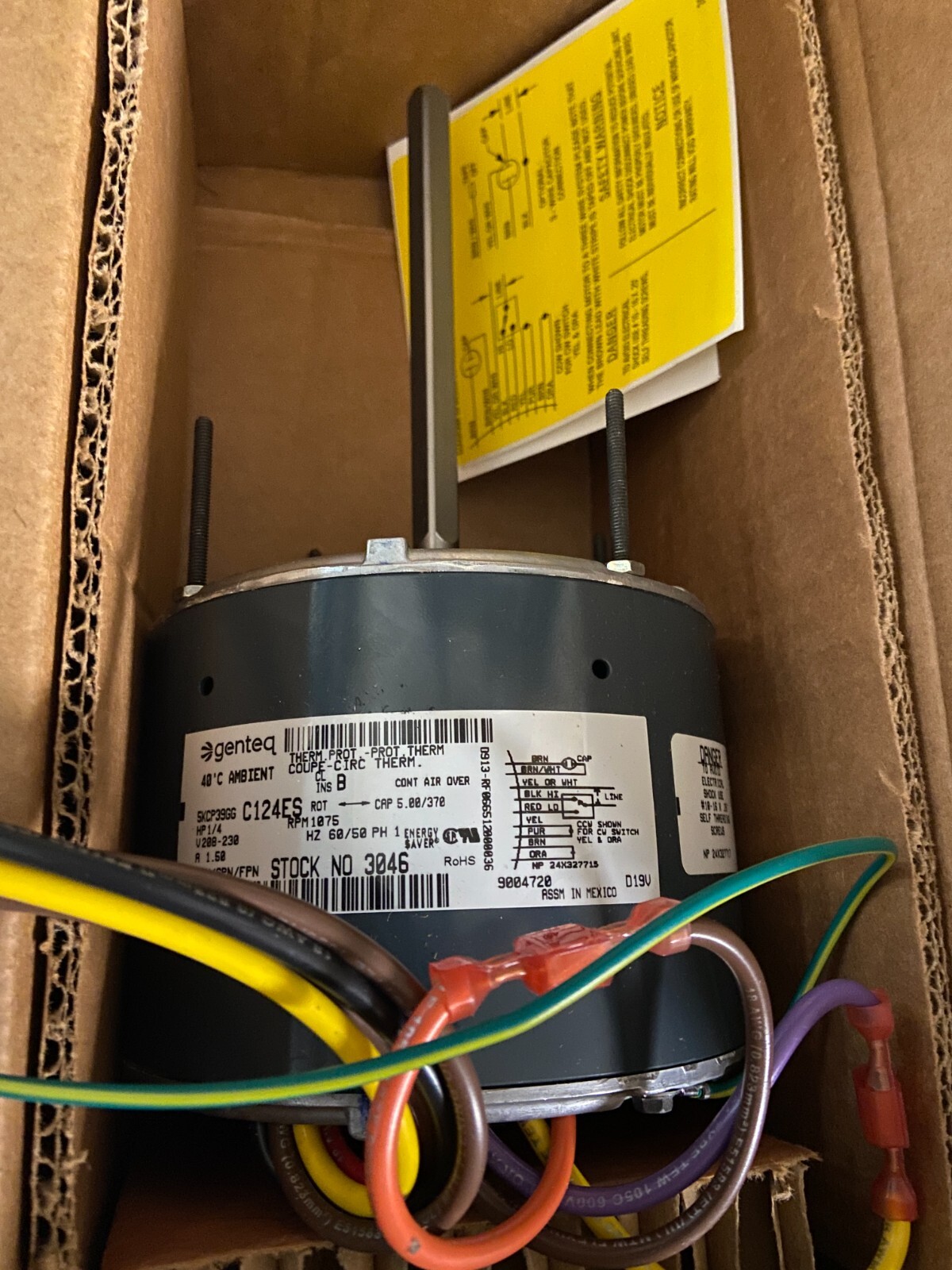 GE GENTEQ Motor 3046 1/4 HP 1075 RPM 208/230 Volt 5KCP399GG C124ES NEW