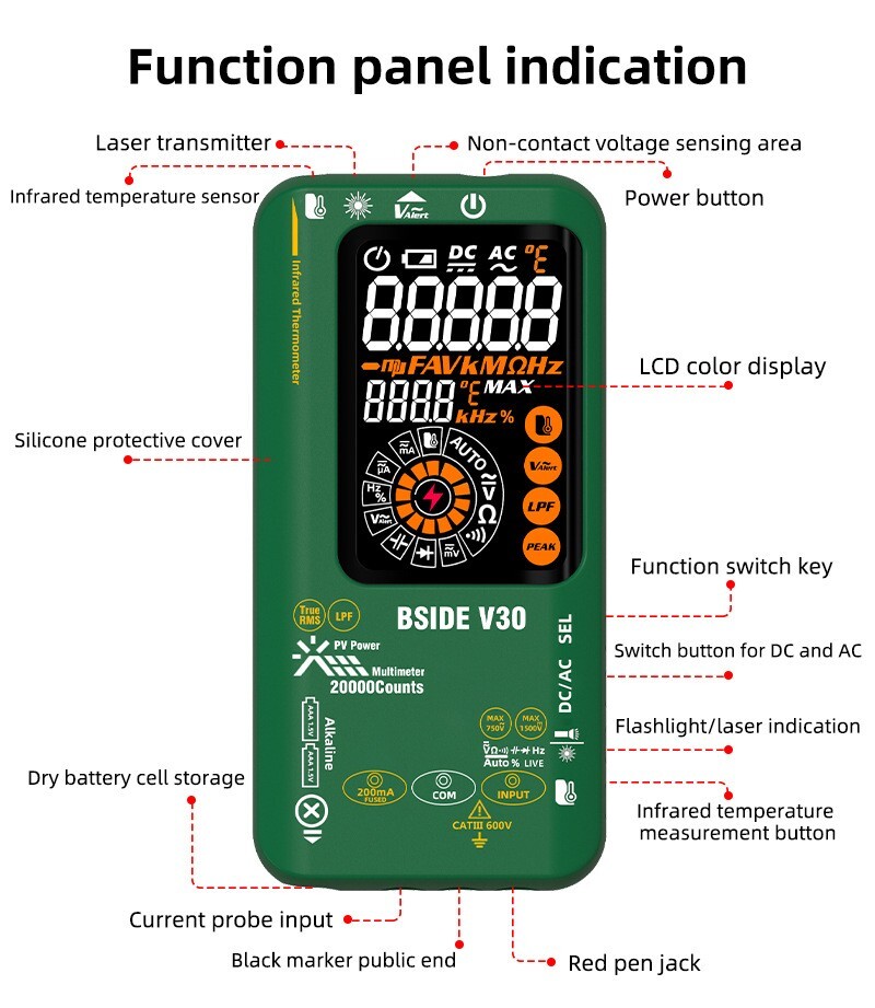 Photovoltaic Multimeter mV/uA IR Thermometer Test Pen TRMS Li-Battery Color LCD
