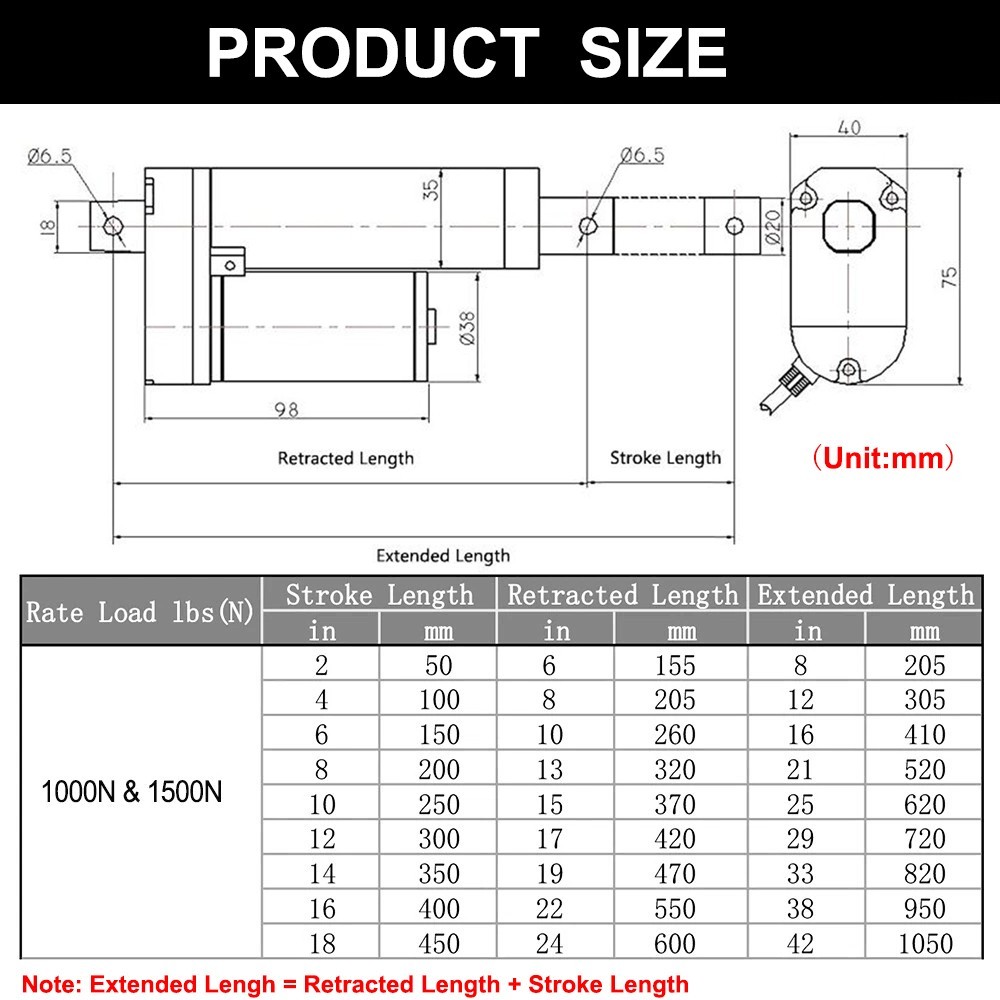 450mm 18″ In Stroke Linear Actuator DC12V 220lbs Max Lift W/ Brackets Heavy Duty