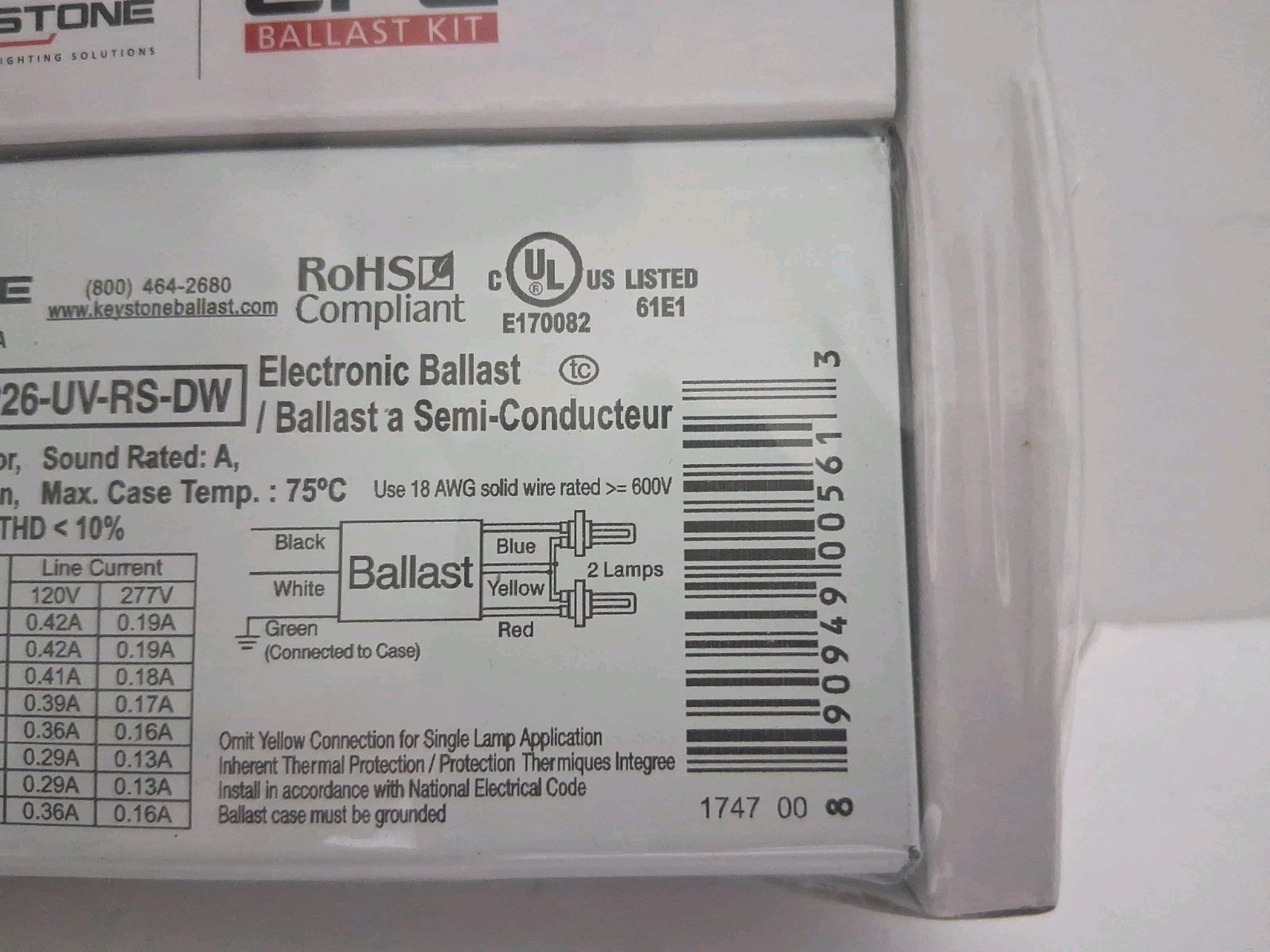Keystone CFL KTEB-226-UV-RS-DW 50/60Hz 120V/0.42A Ballast Kit