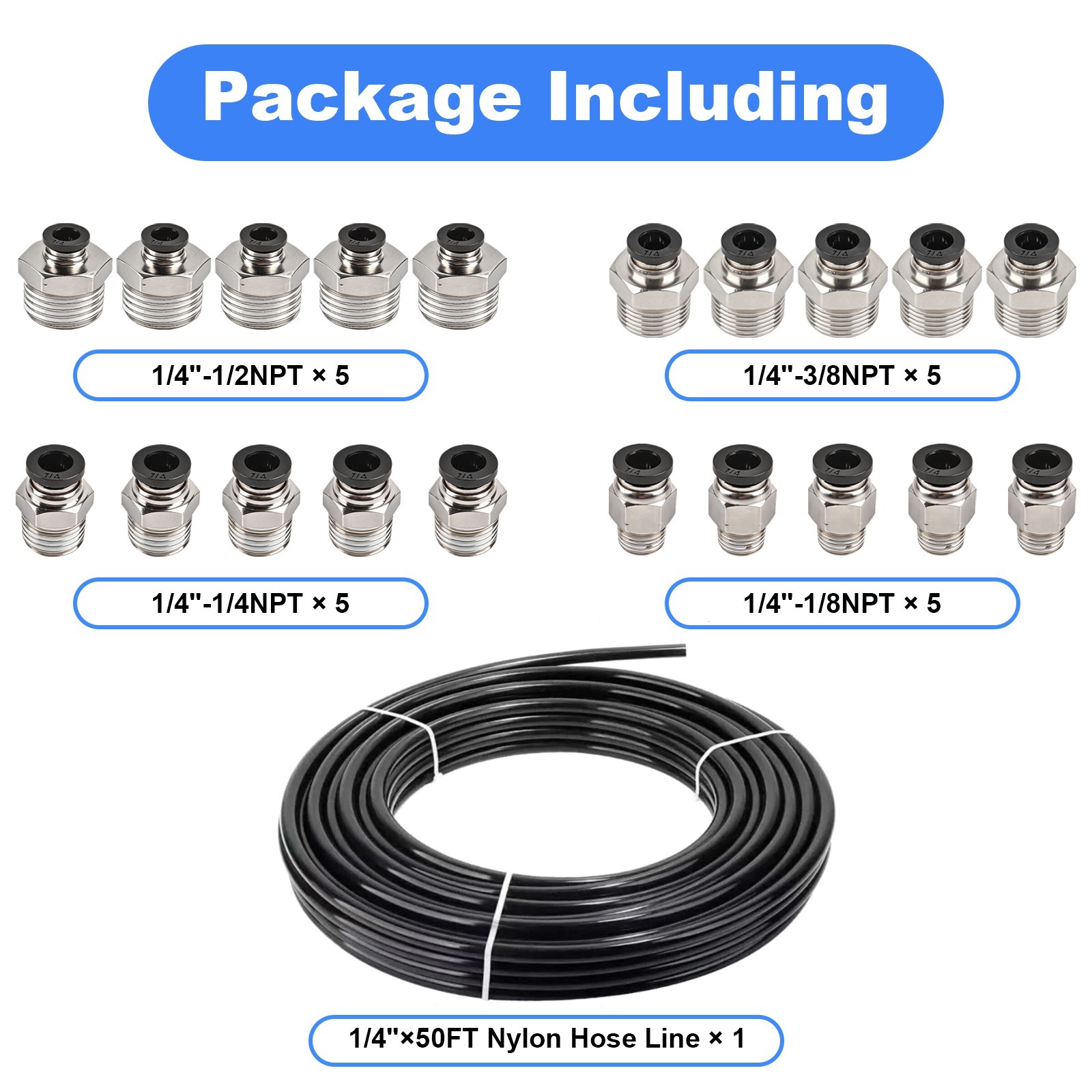1/4» Air Tubing Kit, 50ft Nylon Hose 1/2 3/8 1/4 1/8 Push to Connect Fittings