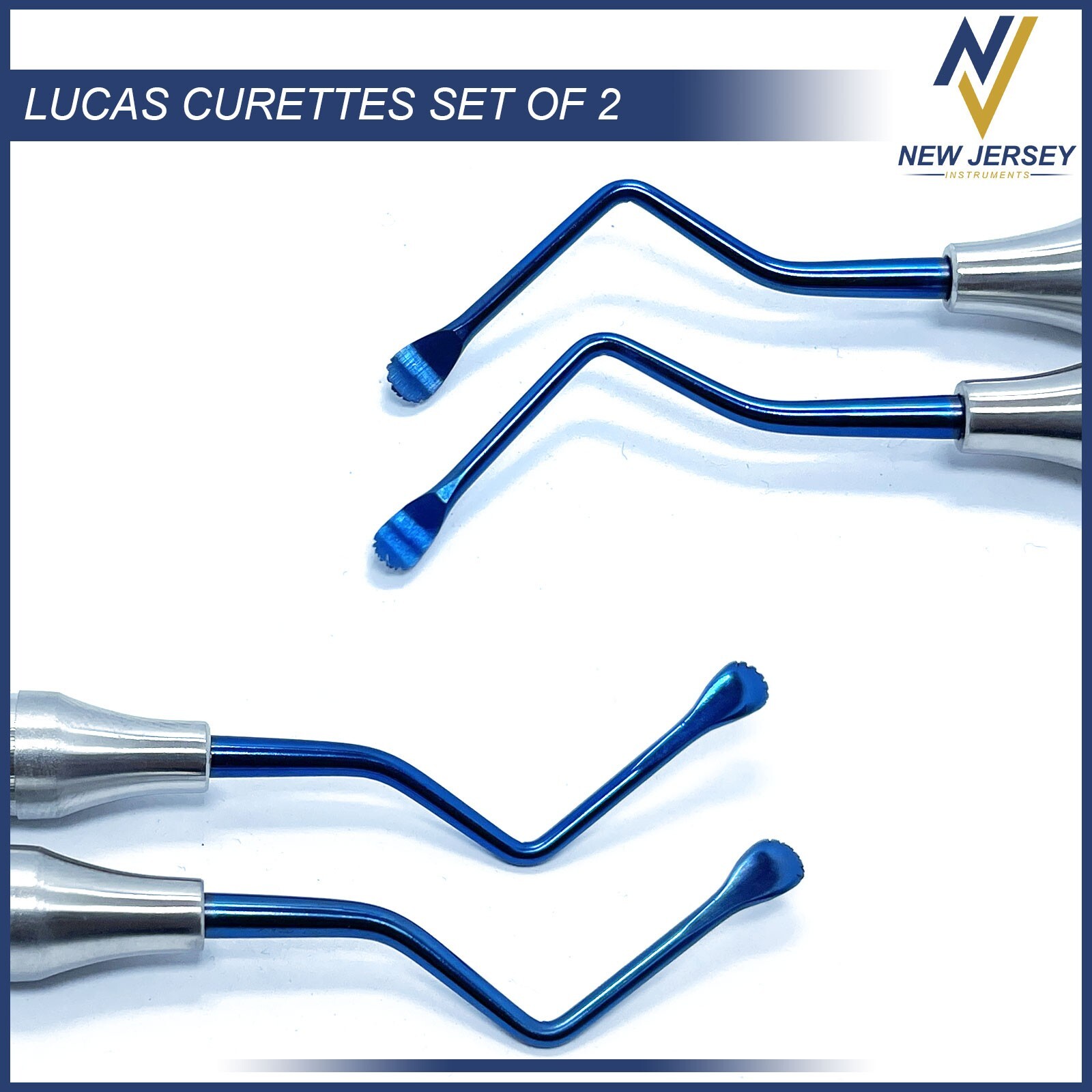 Dental Lucas Curettes Set of 2 Surgical Bone Curettes Serrated Blue Coated Tips