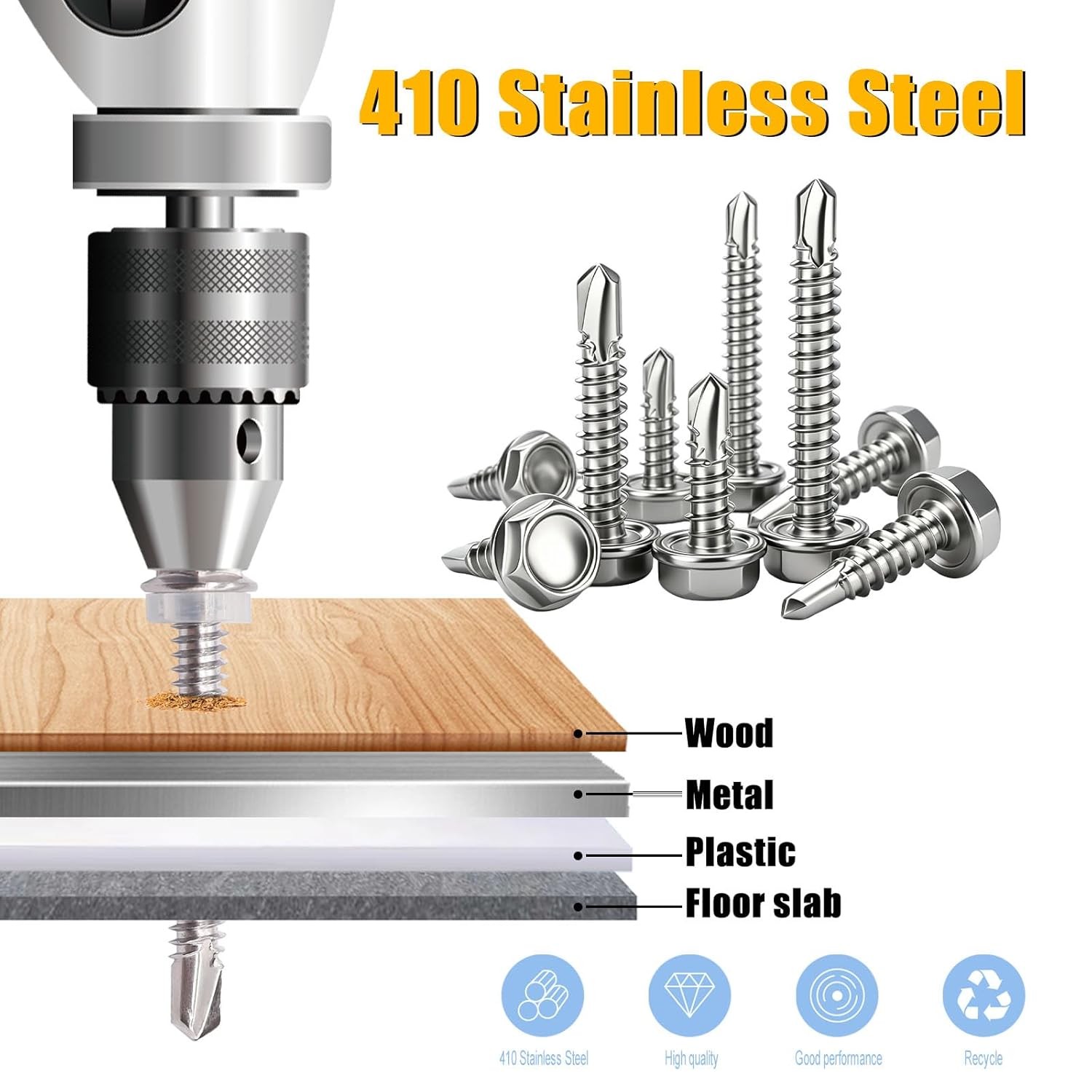 210Pcs ＃8×1″ Self Tapping Screws For Metal 410 Stainless Steel Metal Screws Self