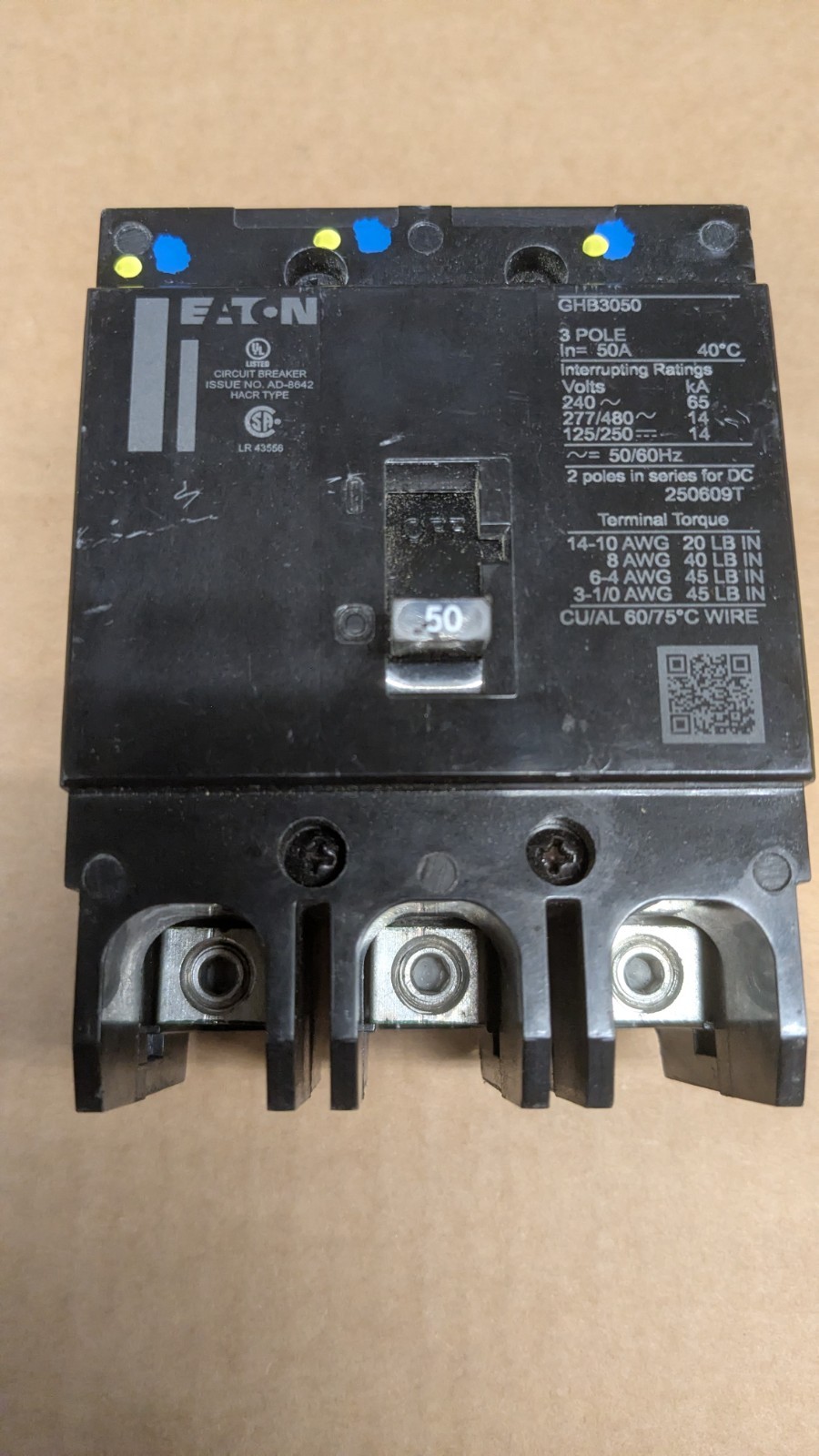 Eaton GHB3050 277/480V 50A Circuit Breaker New Pull from Never Installed Cabinet