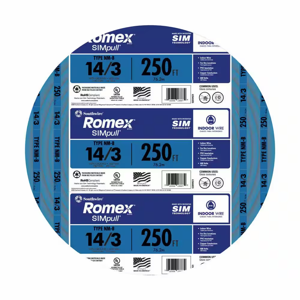 14/3 copper wire 250ft roll, different brands and colors for electricians