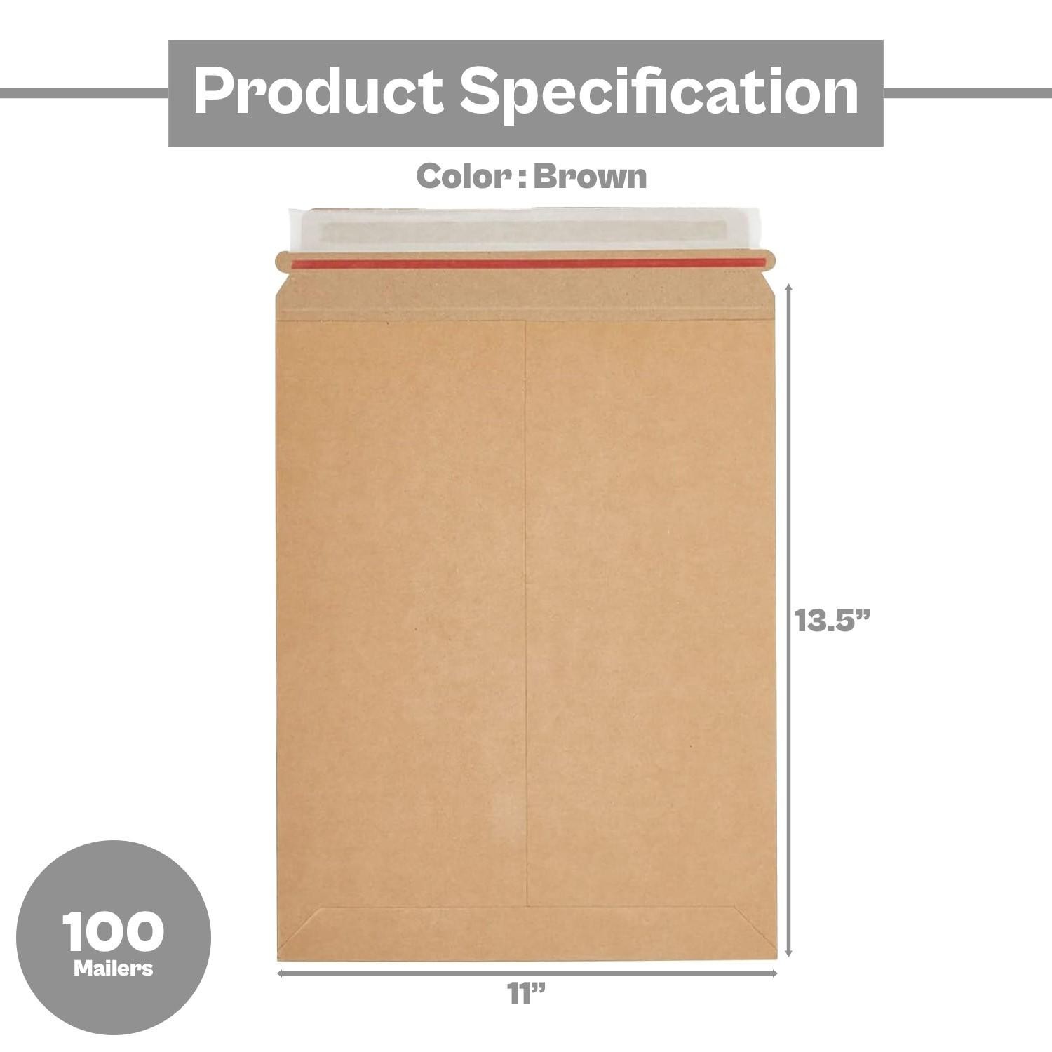 11 x 13.5 Rigid Photo Kraft Cardboard Mailer, Self-Seal Tear Tab-28pt 100 Pack