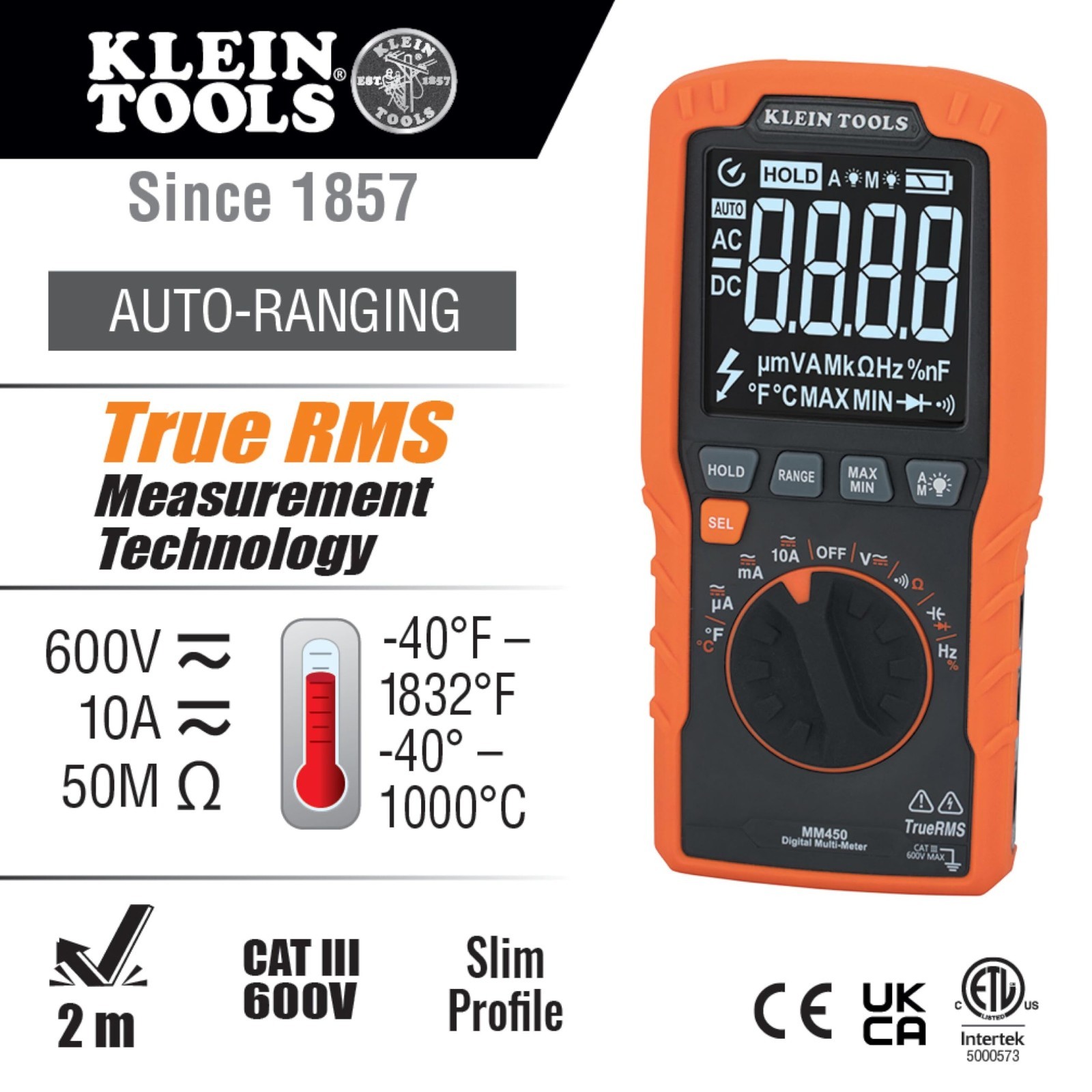 Slim Digital Multimeter with Reverse Contrast Display, Auto-Ranging TRMS, 600V A