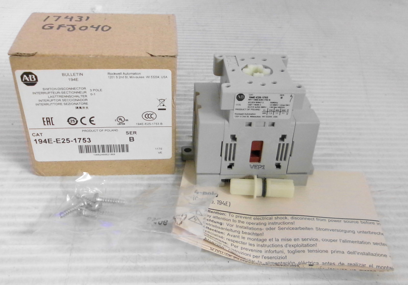 Allen Bradley 194E-E25-1753 Switch Disconnector 3 Pole