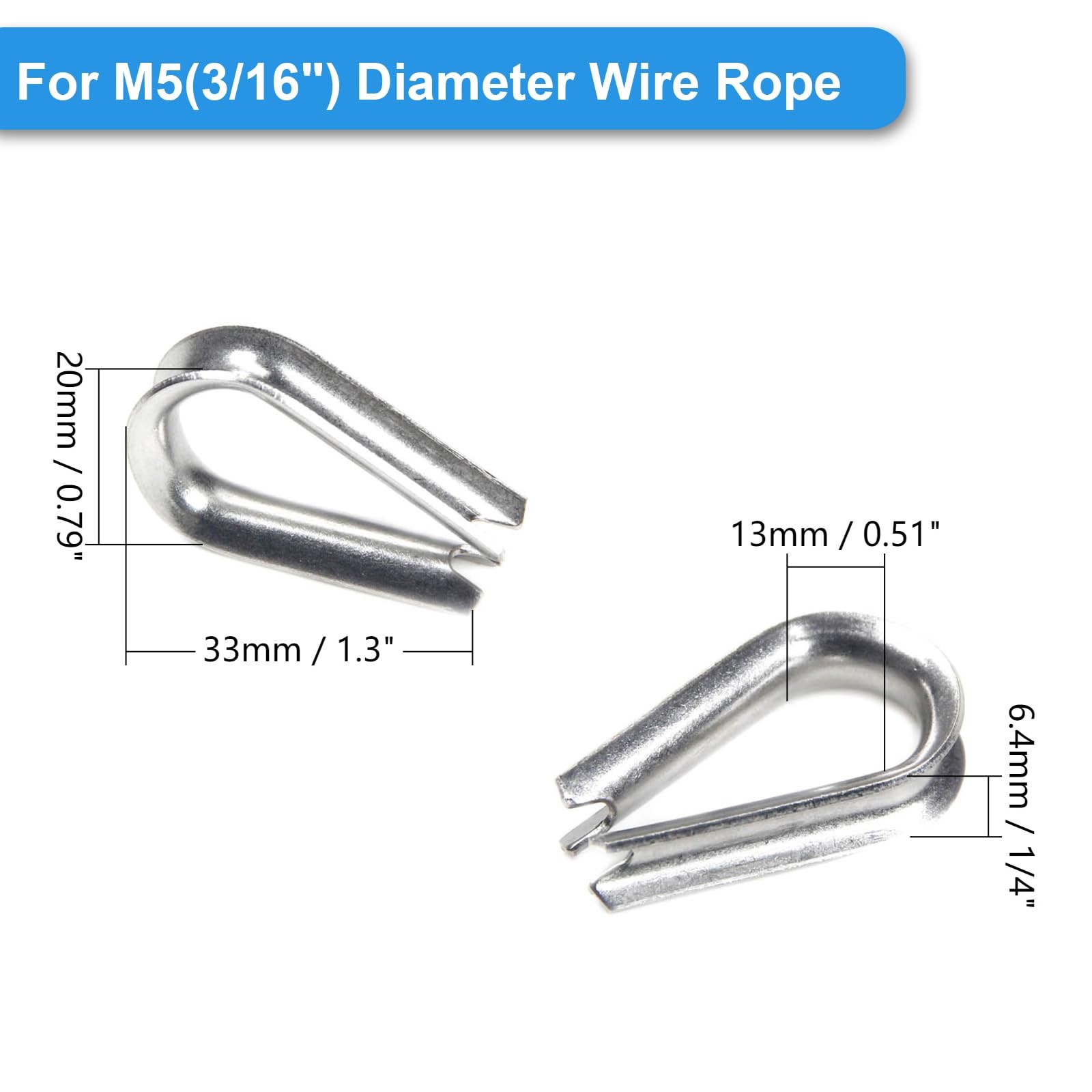 20 Pcs M5 3/16 Inch Stainless Steel Wire Rope Thimbles Cable Rigging Set
