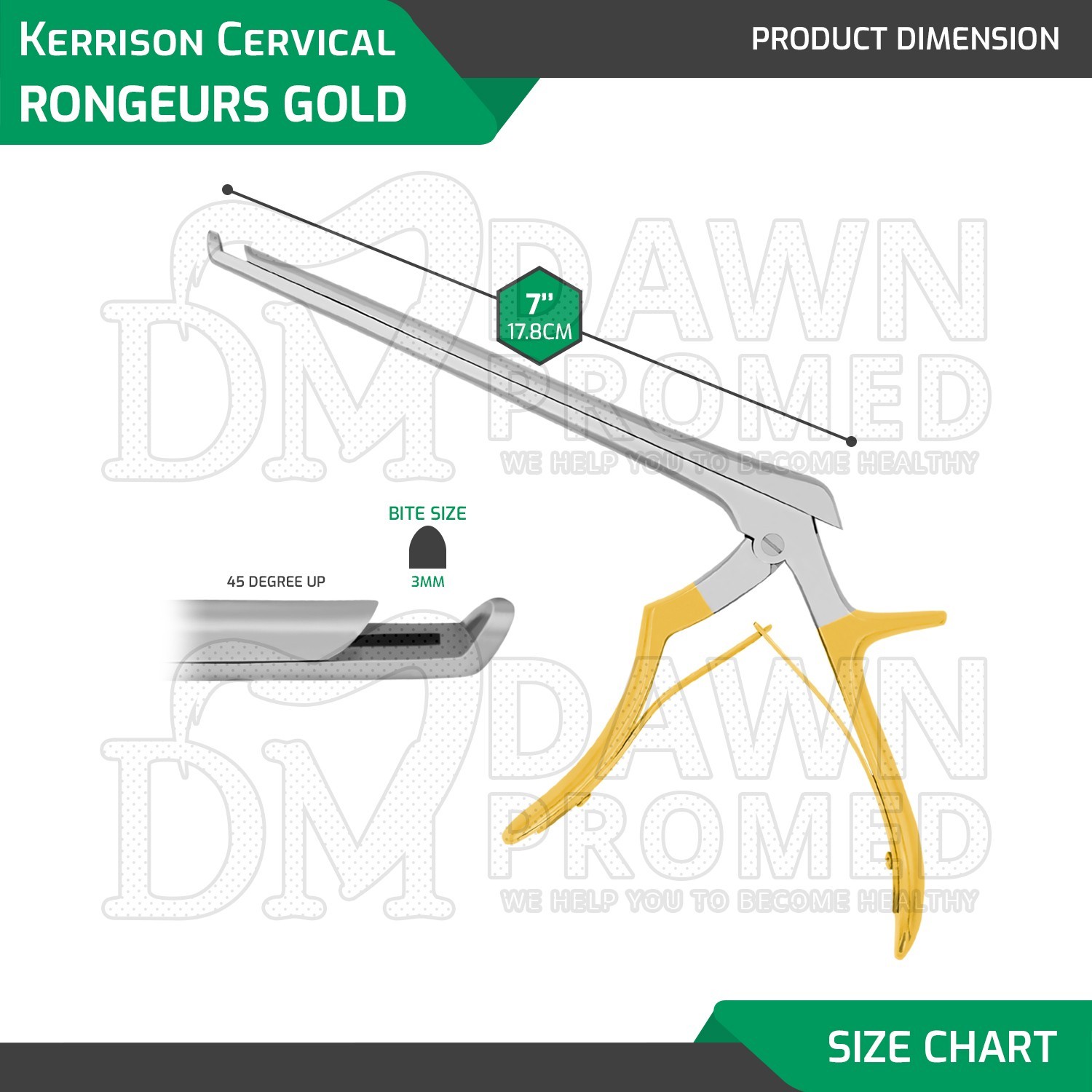 Kerrison Rongeur 7″ Shaft with 3mm 45° Up Bite Punch Forcep Gold Handle German G